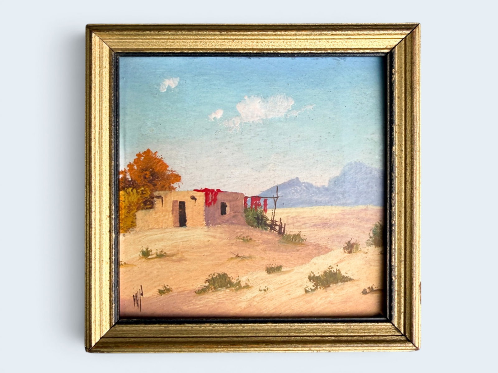 WILLARD PAGE, AMERICAN 1885-1958 MINIATURE: Colorado born, Willard Page 1885-1958 landscape painter in minaiture. Oil on board, in frame. Measures 4" x 4"
