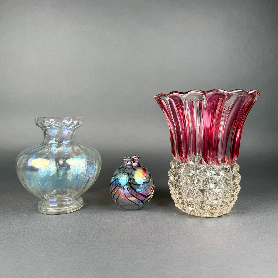INDIANA GLASS RUBY FLASH AND IRIDESCENT GLASS VASES (1 of 10)