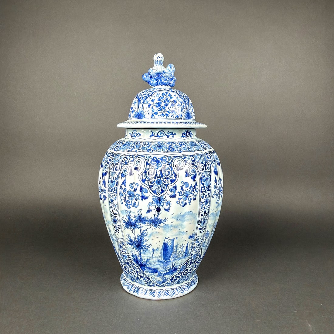 LATE 19th c. DELFT FAIENCE GINGER JAR: Possibly Eugene Collinot (1859-1902) Blue and white Delft Faience earthenware / ceramic ginger jar in chinese export style with foo dog finial at lid top.
