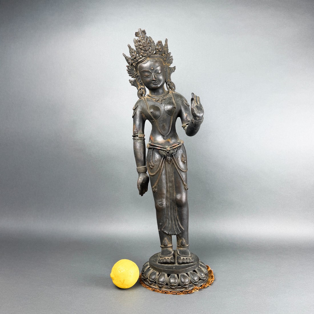 Large 19TH c. STANDING TARA: Antique, mixed metal, copper, bronze-like patina on this standing Tara which is revered in Buddhism as a bodhisattva of compassion, strength, and protection. india and a 5 is on the backside of figure