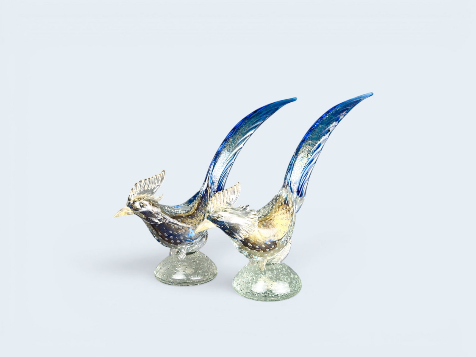 Pair, J.I.Co MURANO ART GLASS PHEASANTS: Pair of vintage mid century Murano art glass pheasant sculptures. Stunning blue shade with gold glass layers.