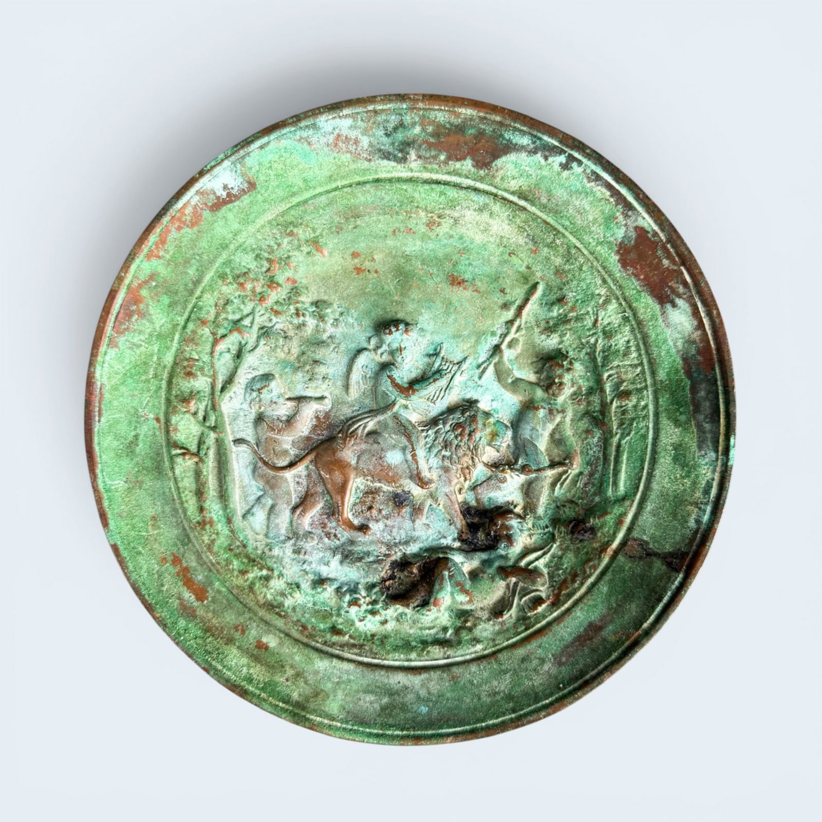 ANCIENT GREEK BRONZE MIRROR BOX: Antique ancient Greek style bronze mirror box with Lion and children in relief