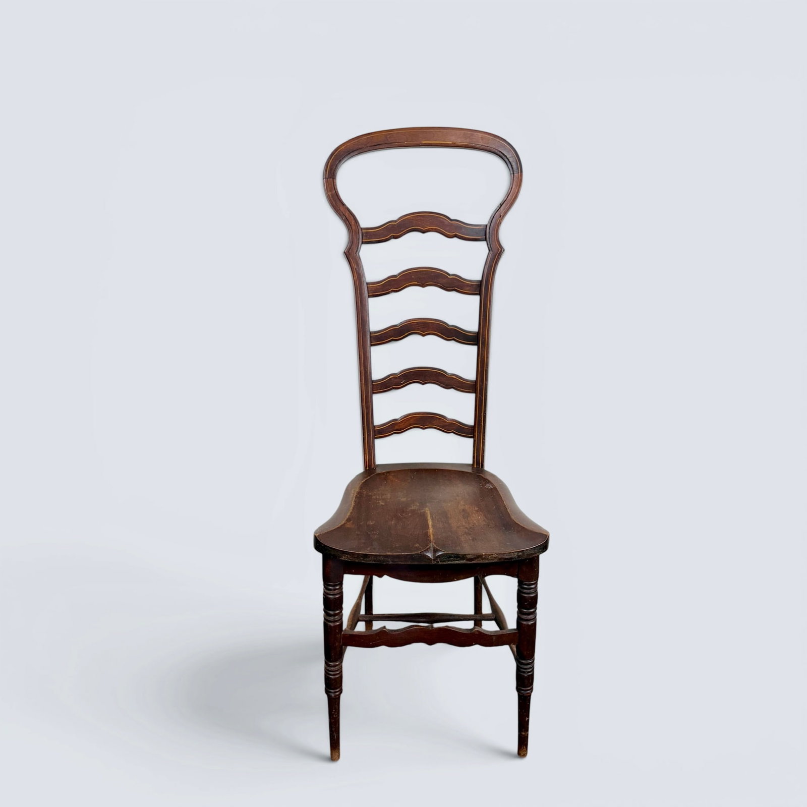 ANTIQUE, UNIQUE TALL LADDERBACK CHAIR: tall, slim profile, high ladder back chair with turned legs and coutour inlay throughout back. 42" h / 18 1/2" seat height, 15" w x 16 1/2" d