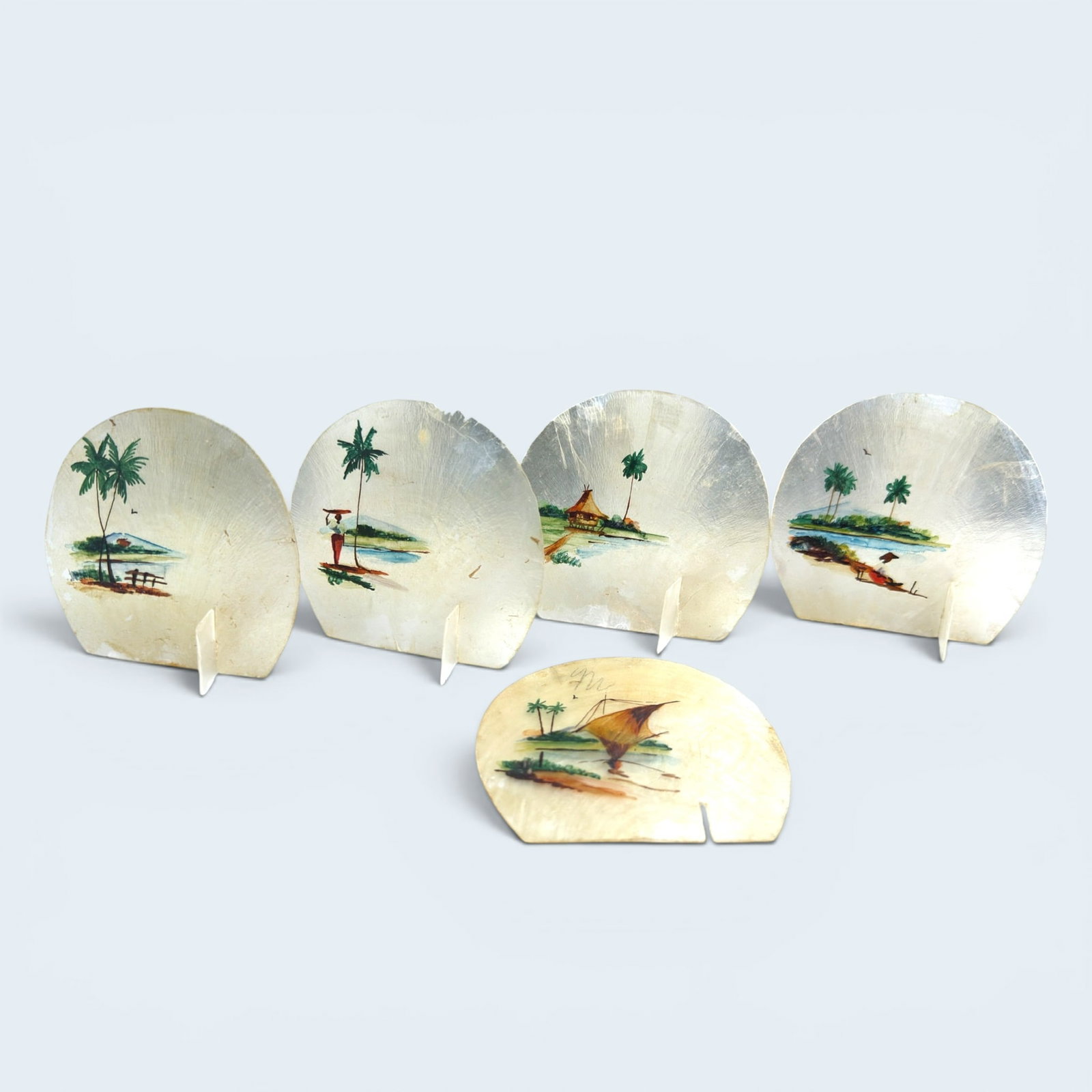 MID CENTURY MOP PLACE CARD HOLDERS: Vintage Hand-Painted Mother-of-Pearl Shell Place Card Holders, Tropical Island Scenes, Set of 5 (one missing base)The island motifs on mother of pearl or possibly CAPIZ shell was a fantastic hostess a