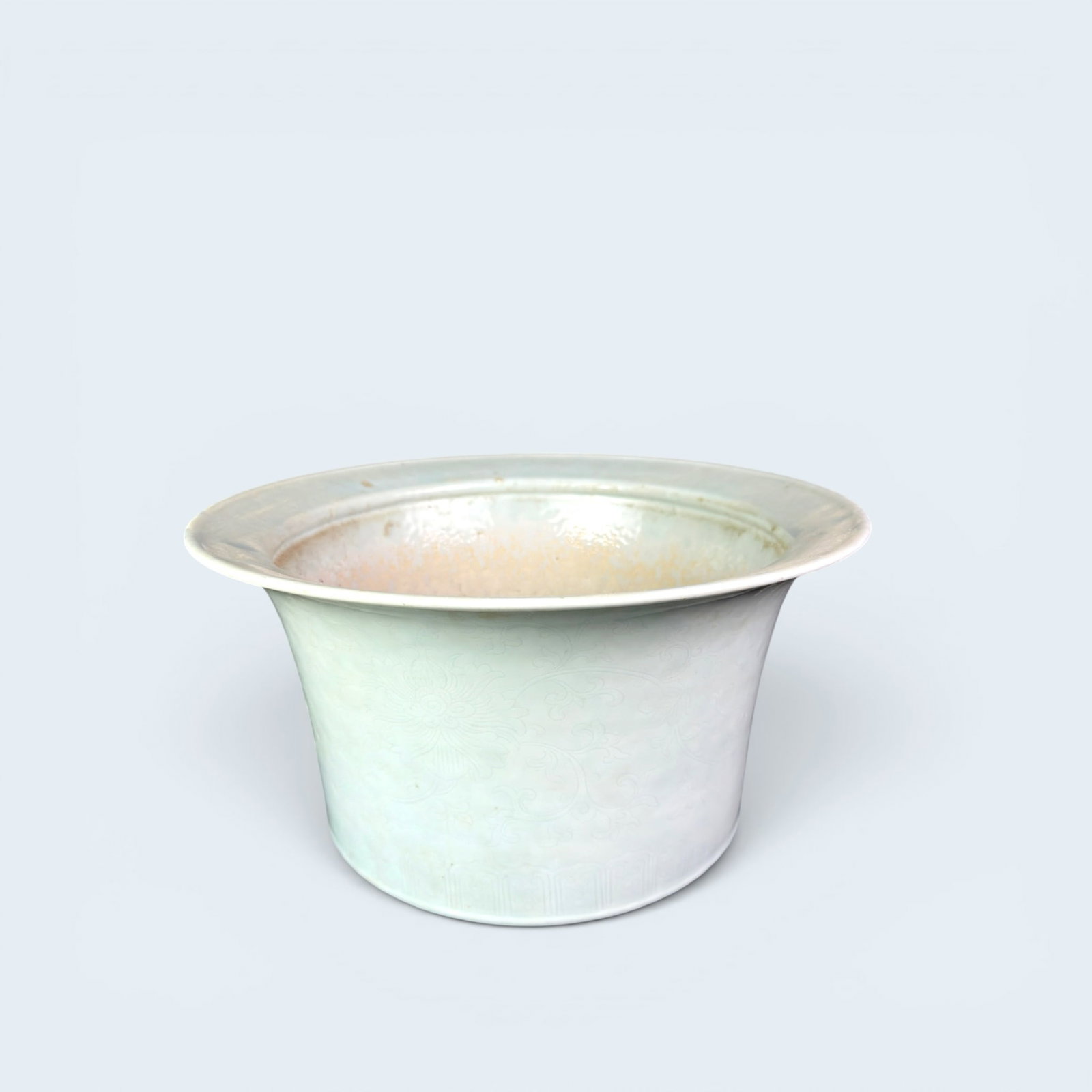 CHINESE SONG DYNASTY STYLE Large PORCELAIN PLANTER: Chinese celadon ceramic vessel, historically associated with the Song dynasty (960–1279).ingraved work in the clay prior to firing. Hole put in base for planter purposes.