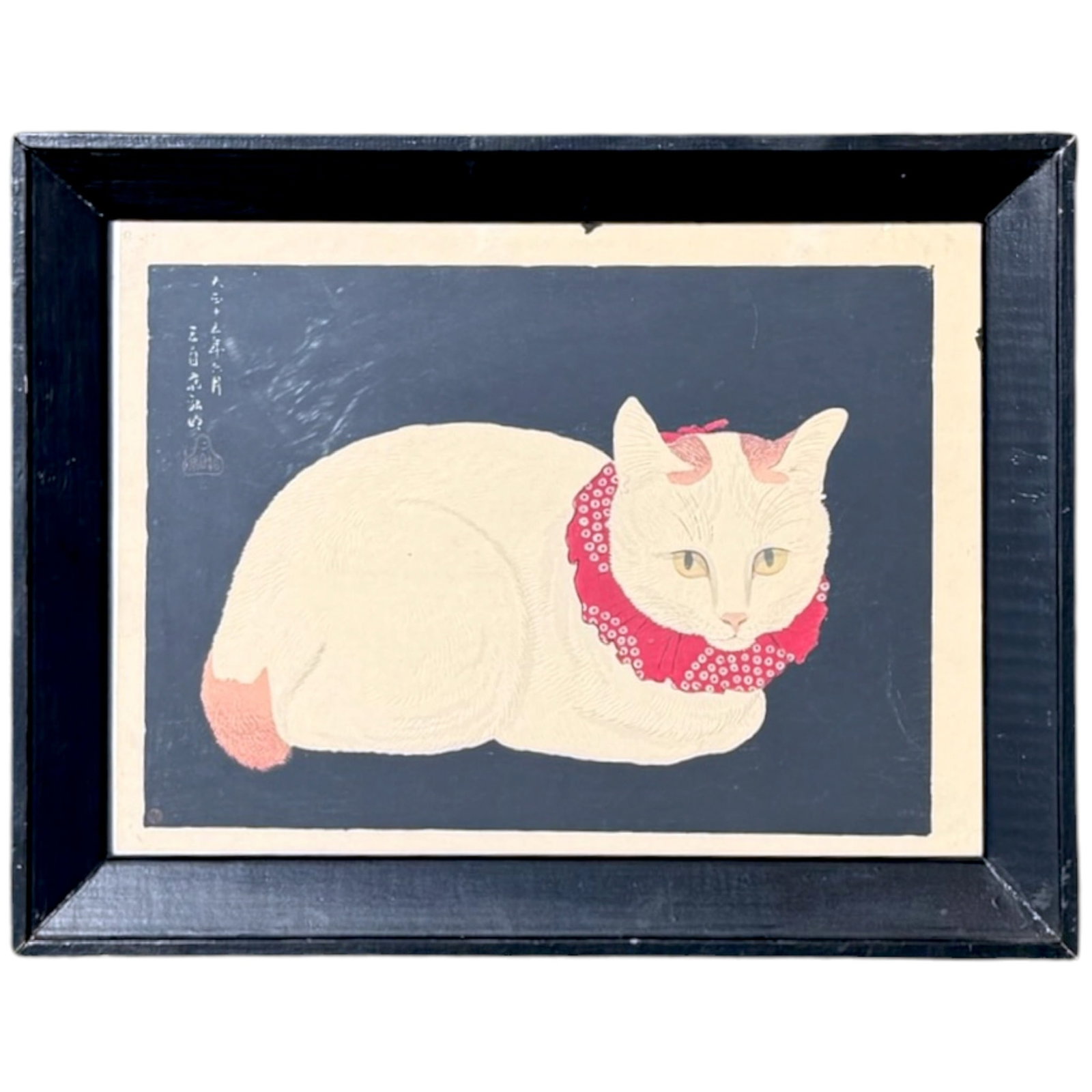 SHOTEI (HIROAKI TAKAHASHI) (1871-1945): Tama (White Cat / Red Collar) woodblock print incorporating gaufrage (embossed hair). Image 9.25 x 13 inches (image) 10.5 x 14.5 inch (sheet approx). Framed 13.5 x 17.5 inches (overall)