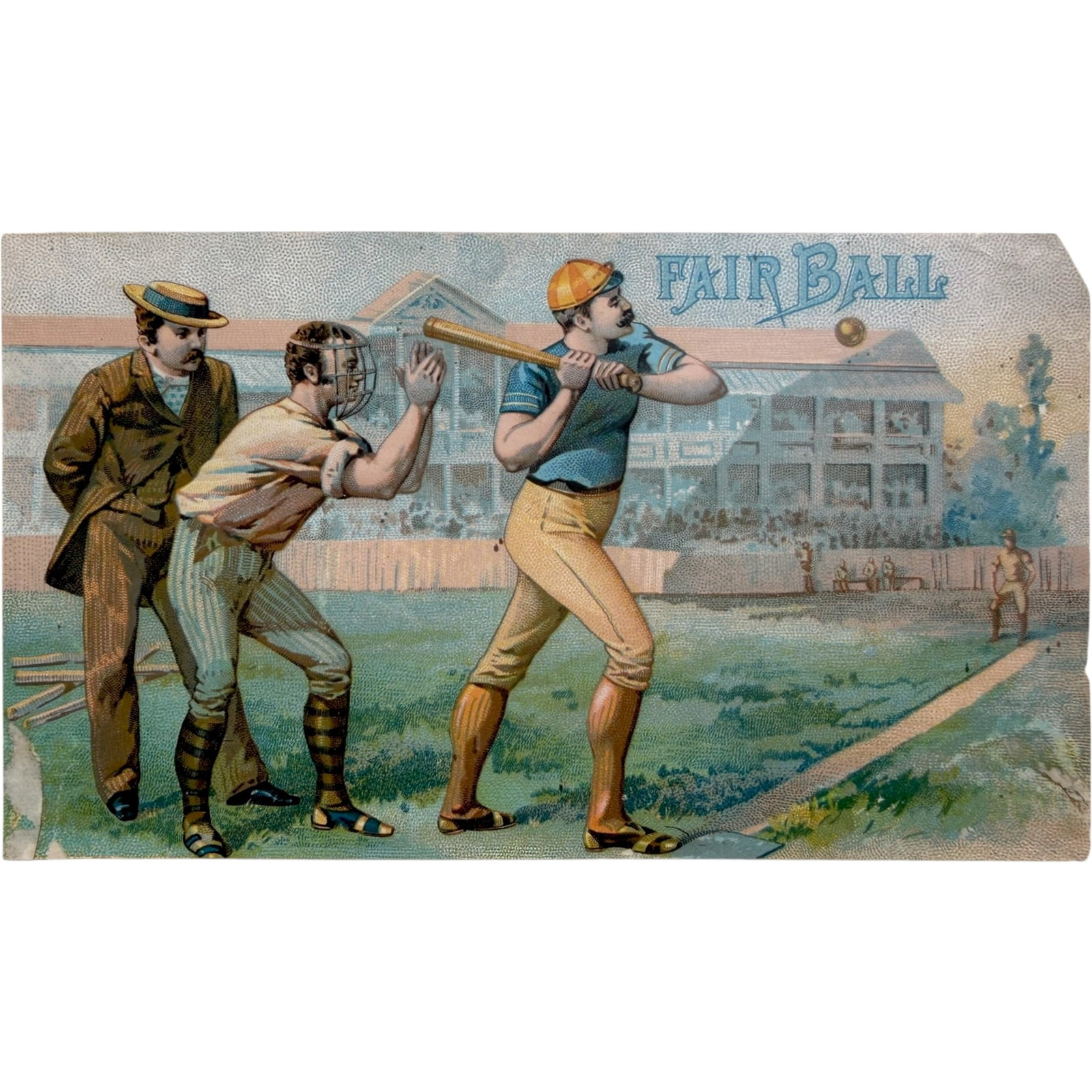 EARLY BASEBALL (19thc) CHROMOLITHOGRAPH: Play Ball 9.5 x 13.5 inches (overall including yellow-gold frame)