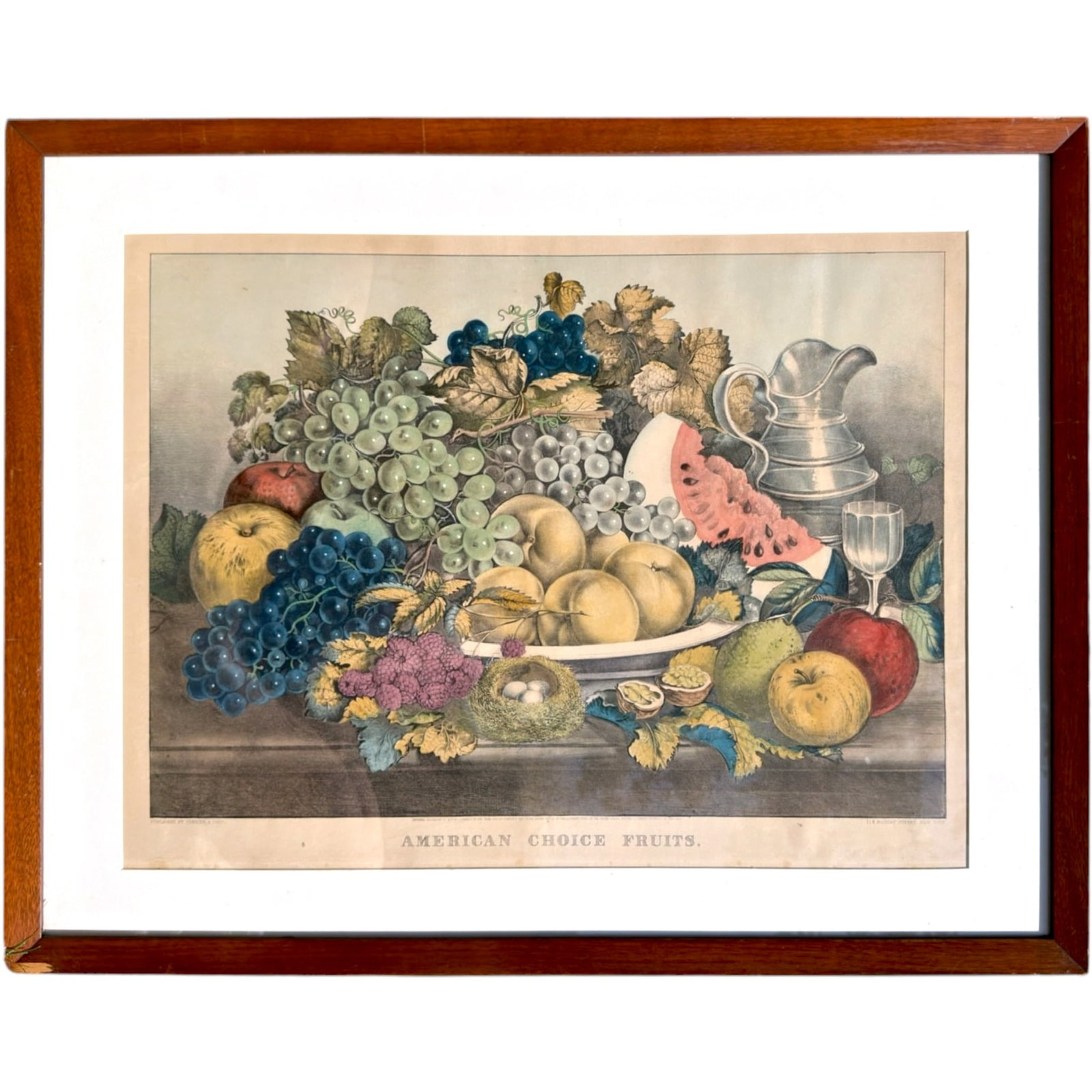 1869 CURRIER & IVES AMERICAN CHOICE FRUITS: 17 x 24 inches (image) 19 x 25 1/4 inches (margin to mat / not examined out of frame) 25 1/2 x 32 1/4 inches (overall including frame)
