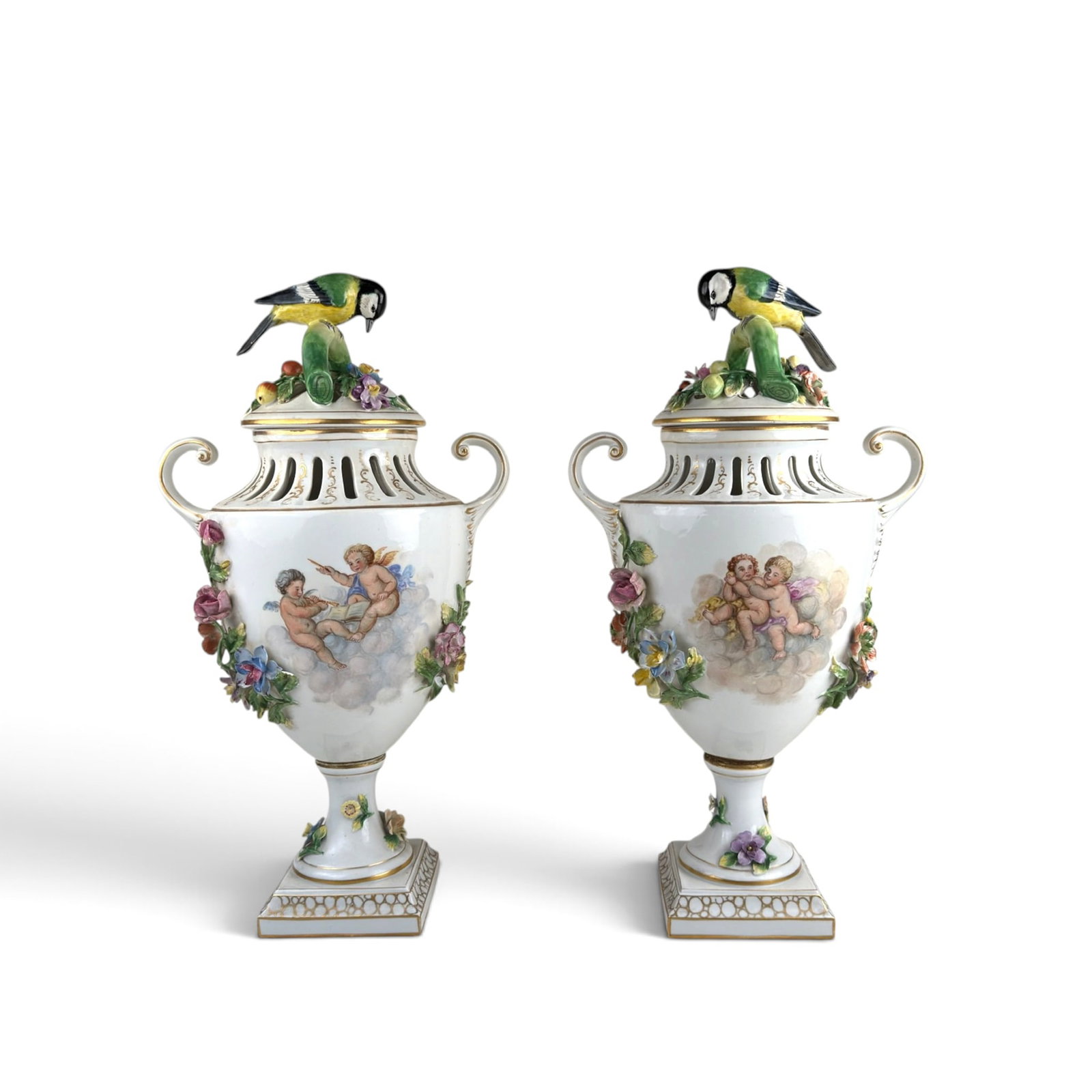 PAIR of DRESDEN SAXON PORCELAIN URNS with CHERUBS (1 of 19)