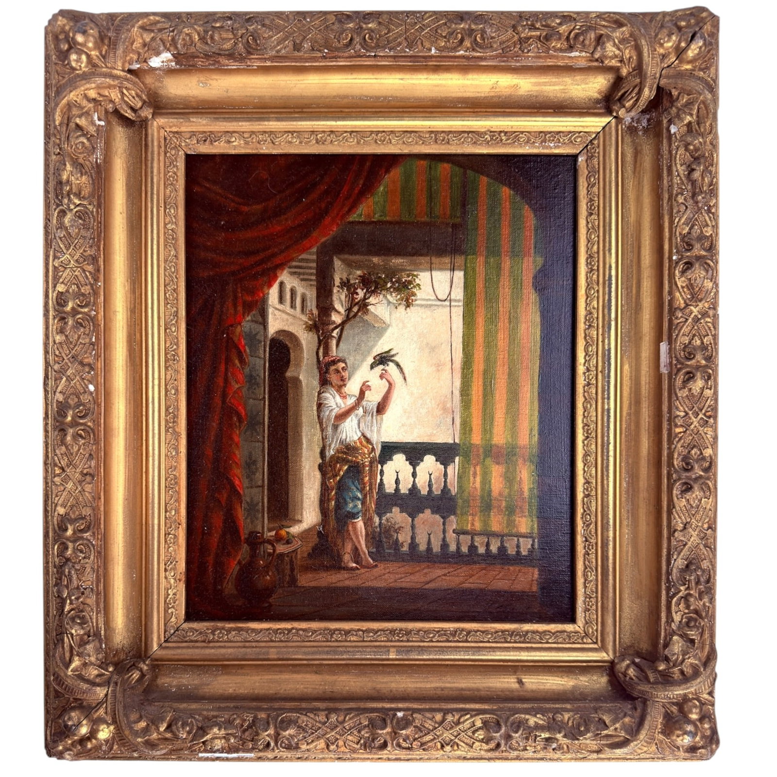 ALFRED de GAULT (Late 19th c): Herem Girl with Parrot. oil on canvas 12 x 10 inches. presented in a fine quality period frame. 18 1/2 x 16 inches