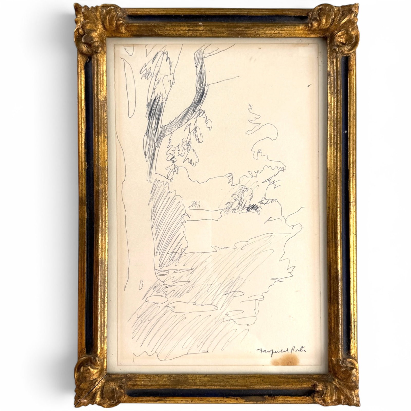 FAIRFIELD PORTER (1907-1975): Landscape with Tree. Pen and ink 9 1/4 x 5 3/4 inches. signed. framed. 11 x 8 inches