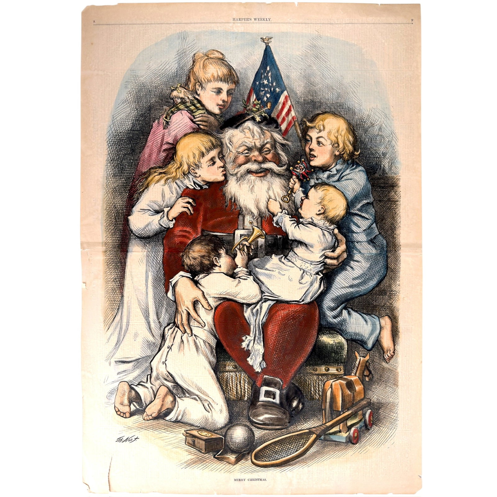 1879 Hand Colored MERRY CHRISTMAS HARPER'S by THOMAS NAST
