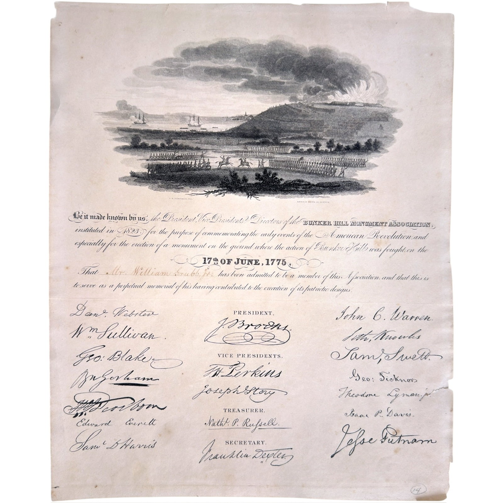 1823 BUNKER HILL MONUMENT ASSOCIATION CERTIFICATE (1 of 8)