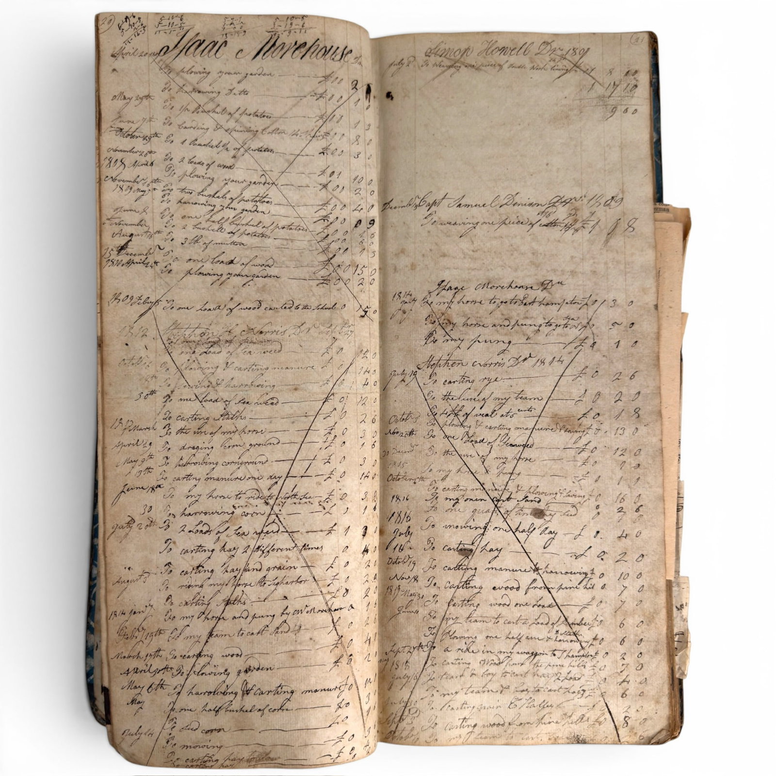 1805-1823 LEDGER BOOK for FARM GOODS and SERVICES: Including work: Carting, Plowing, Mowing and Haying. 15 1/2 x 6 1/2 inches