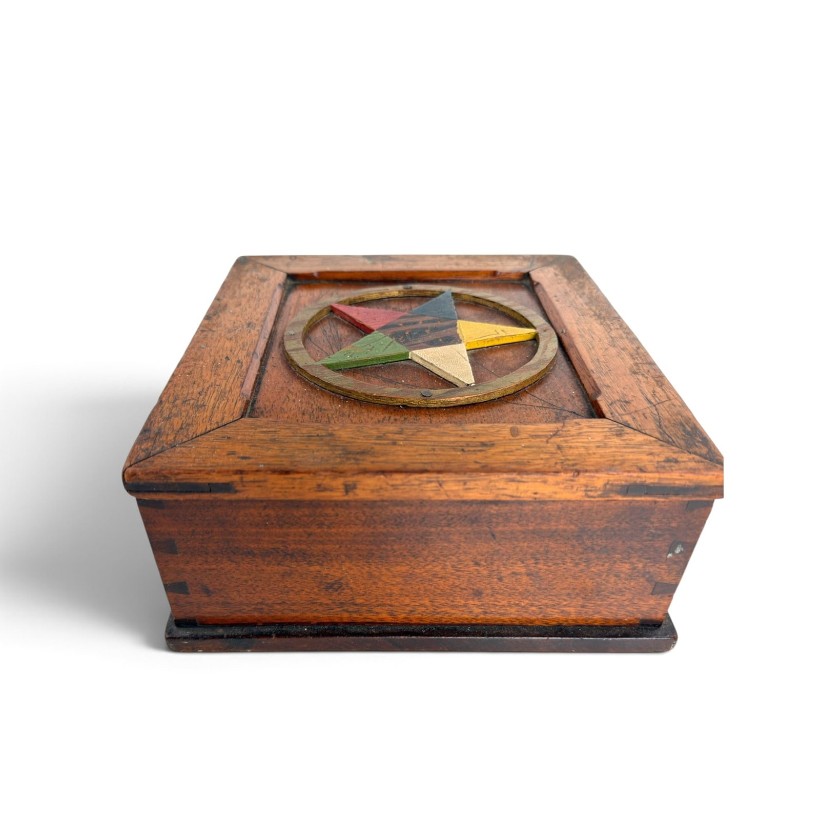 CEREMONIAL BOX of the ORDER of the EASTERN STAR: Hinged, carved and painted wood. 4.75 x 8.8 x 8.25 inches.
