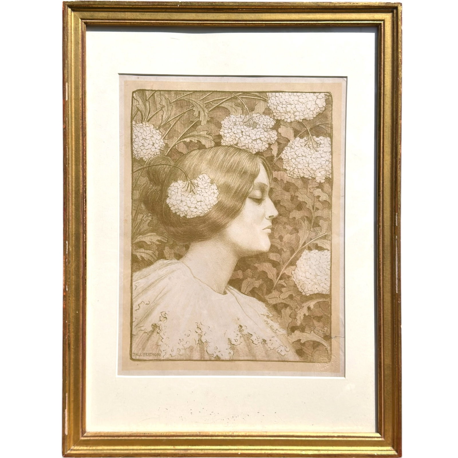 PAUL BERTHON (1872-1909): "Woman Amongst Flowers" lithograph 12 1/2 x 9 3/4 inches (impression). 21 x 16 inches (overall including custom gilt frame)