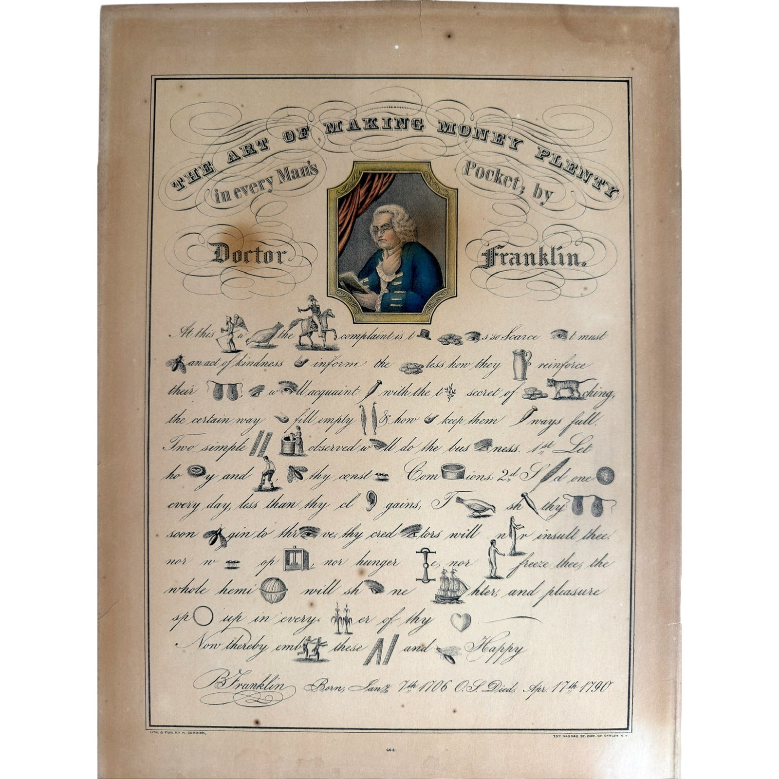 THE ART of MAKING MONEY by DR FRANKLIN: Lithograph published by N. Currier. 15 x 11 inches