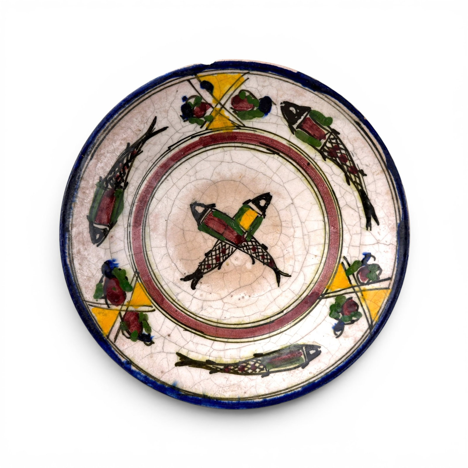 (18th / 19th c) SOUTHERN MEDITERRANEAN FOOTED BOWL: Repeating polychrome fish motif. 2.5 x 9.5 inches