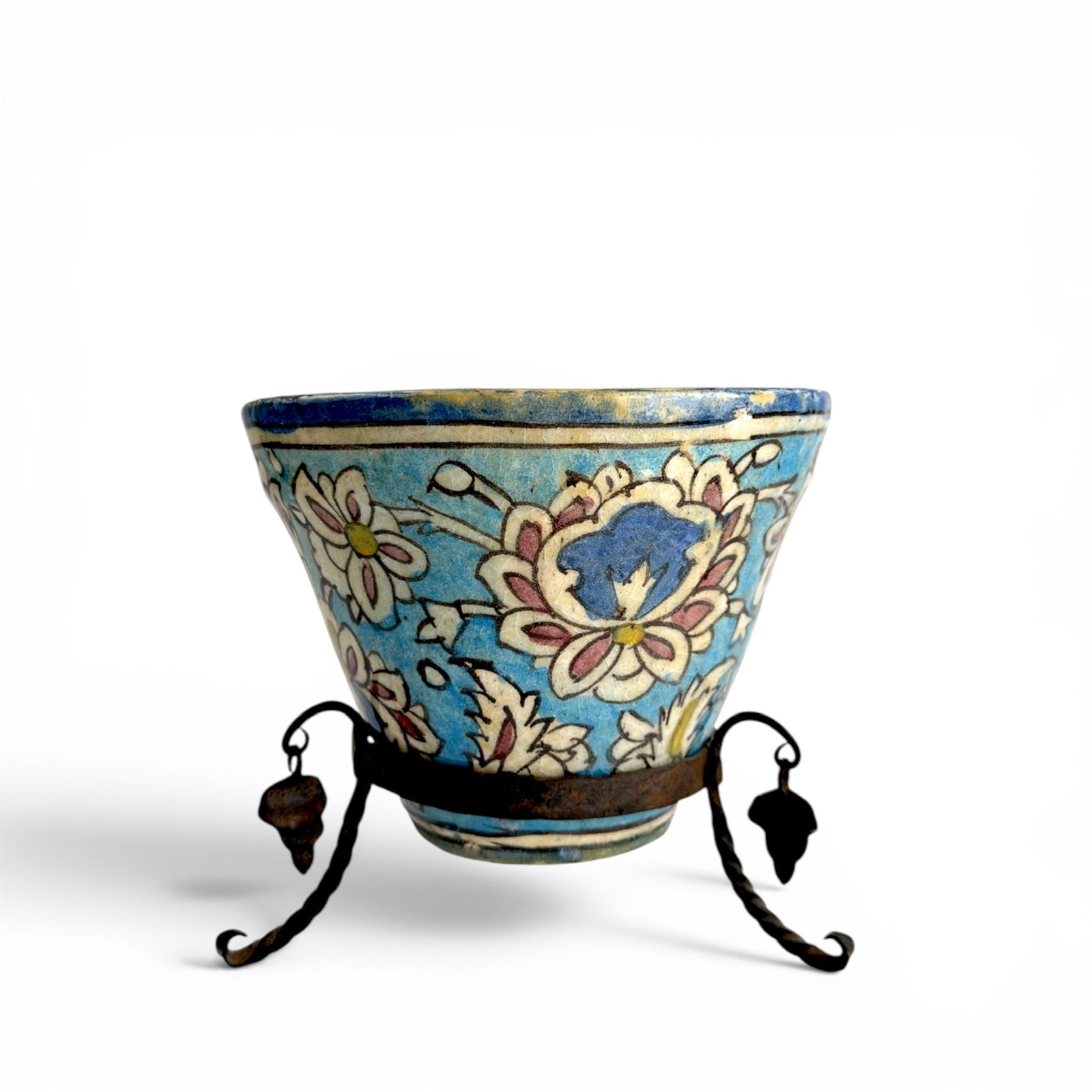 (19th c) MOROCCAN BOWL on a (3) FOOTED IRON STAND: 7 x 8.75 inches