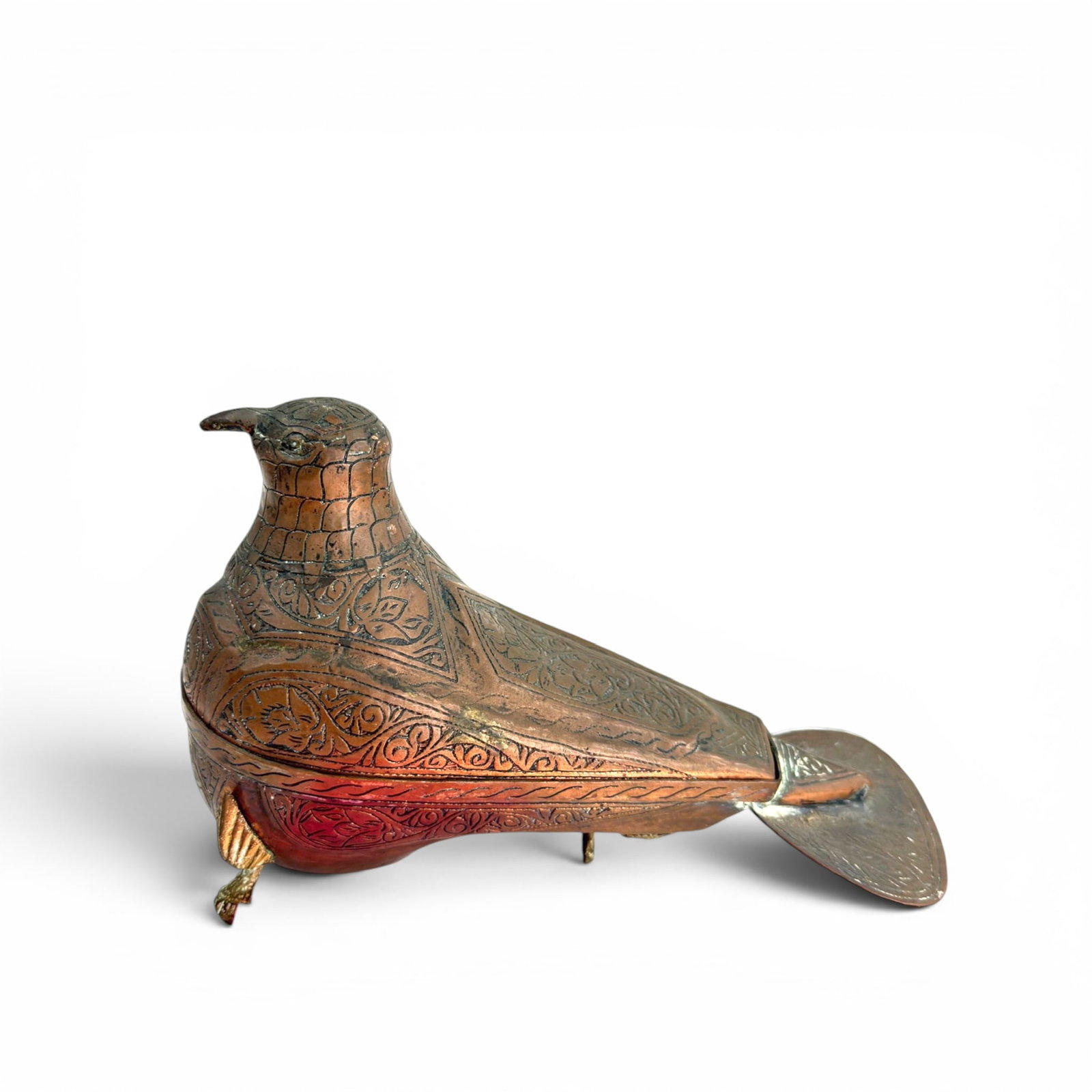 PERSIAN TOOLED-COPPER BIRD-FORM BOX: Raised on brass ball and claw feet. (approx 6 inches in length)