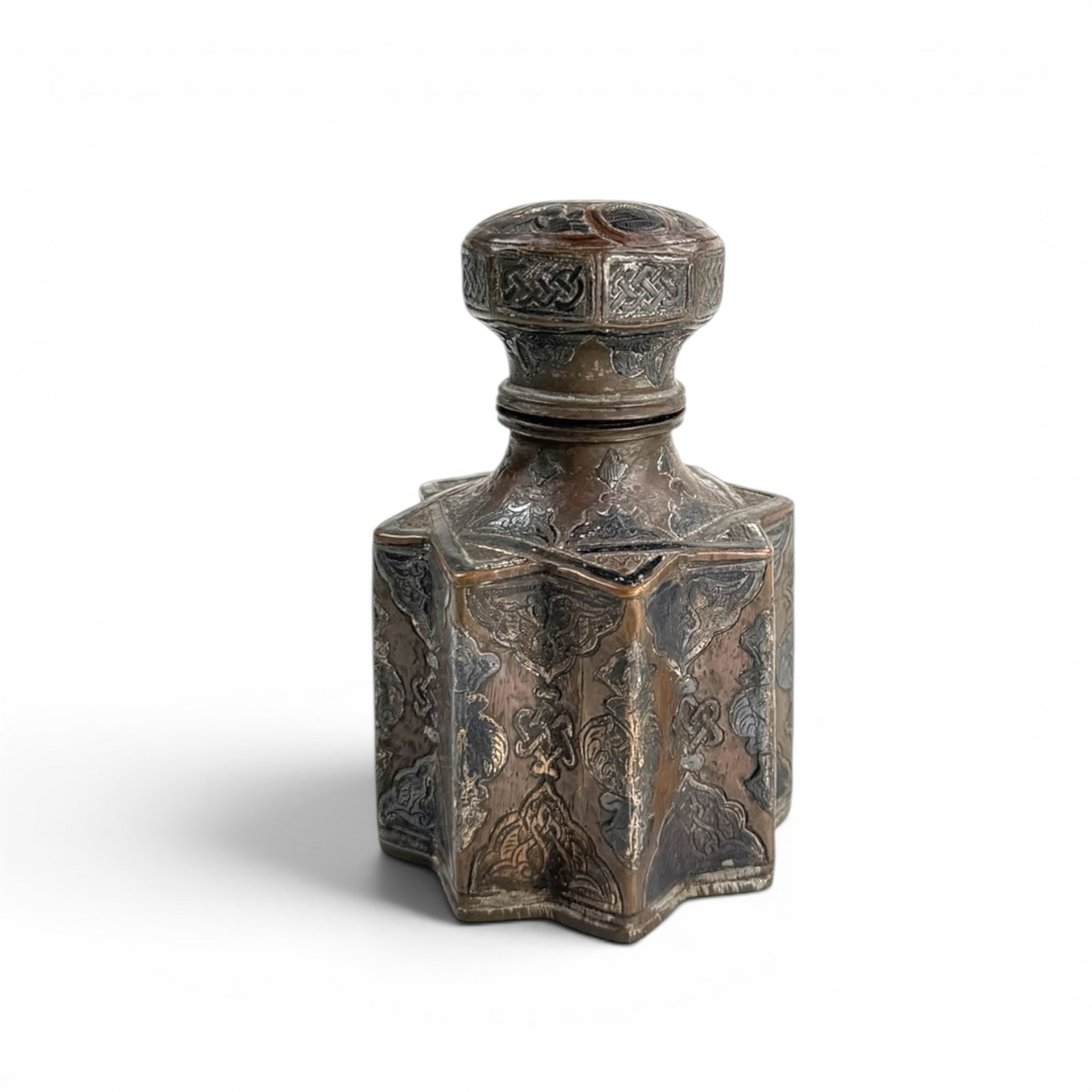 (19th c) MIDDLE EASTERN MIXED METAL TEA CADDIE: Eight sided, silver over copper 4.5 x 3.1 inches