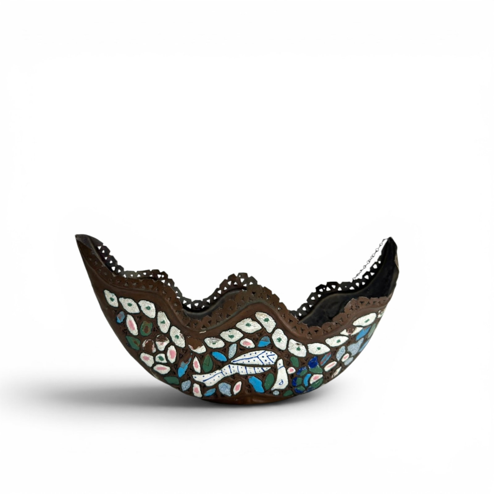 (19th c) DERVISH BEGGING BOWL / PERSIAN KASHKUI: Traditional form in enameled copper with pierced rim. 6.5 x 12.5 x 4 inches