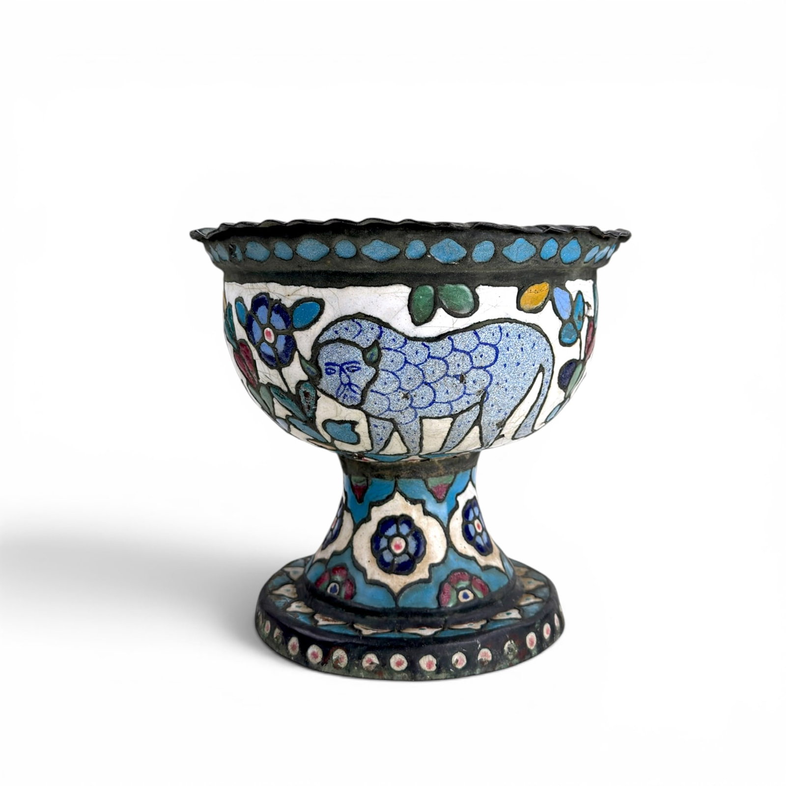 (19th c) PERSIAN ENAMELED COPPER FOOTED BOWL: Decorated with (2) wild animals within flora 9.25 x 10.25 inches