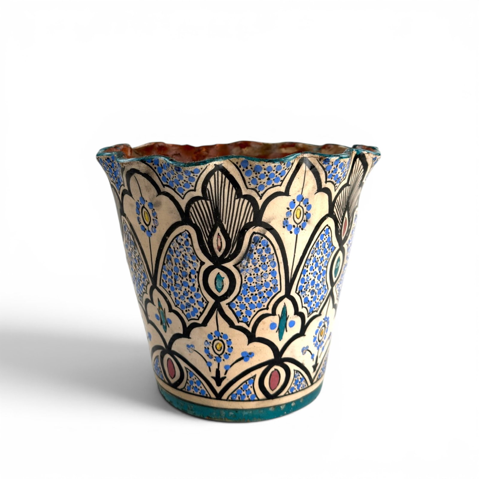 (19th c) MOROCCAN CERAMIC POT with SCALLOPED RIM: Signed under base Safi and also with arabic writing 8 x 9 inches
