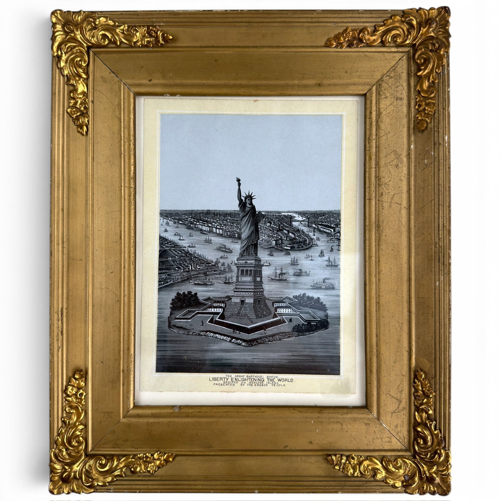 1885 THE GREAT BATHOLDI STATUE of LIBERTY in NEW YORK: Lithograph 7.25 x 5.38 inches. framed 11.5 x 9.5 inches (overall)