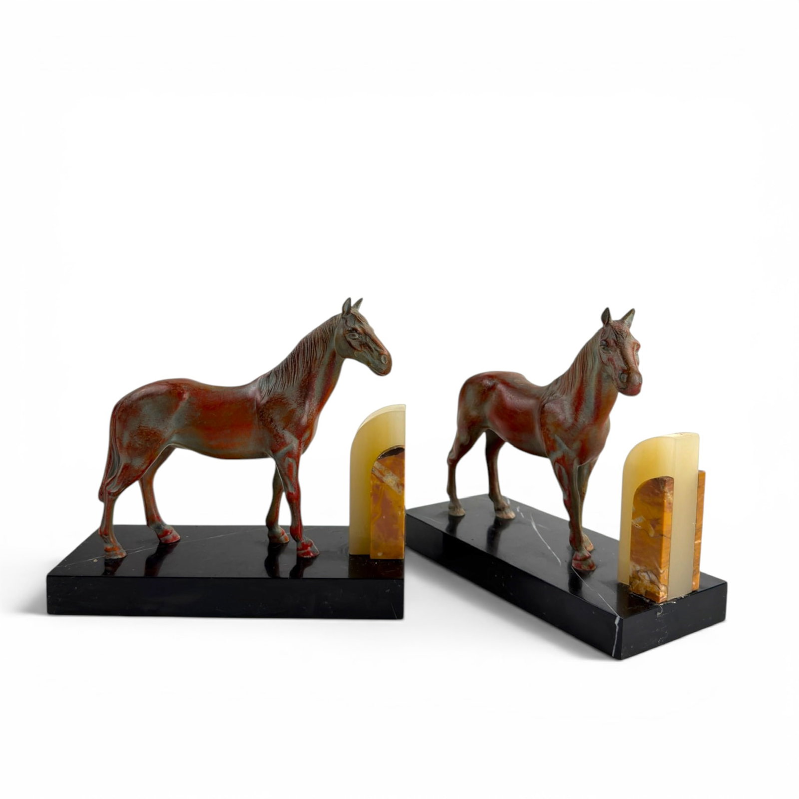 1940s PAIR of HORSE-FORM BOOKENDS MADE in BELGIUM: Cold painted base metal raised on a marble base with onyx vertical brace. 6.5 x 7 x 3 inches