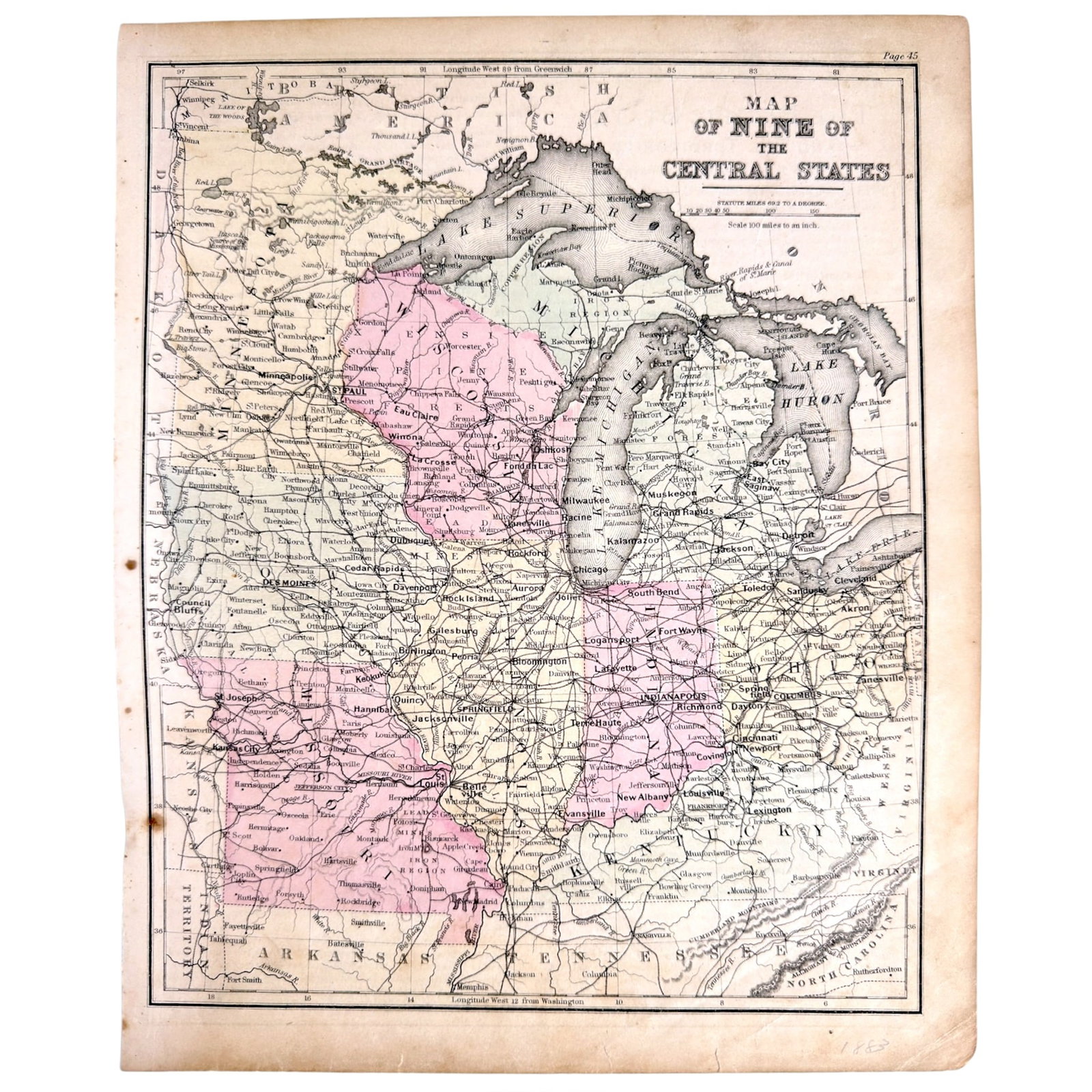1883 MAP of NINE of the CENTRAL UNITED STATES (1 of 4)