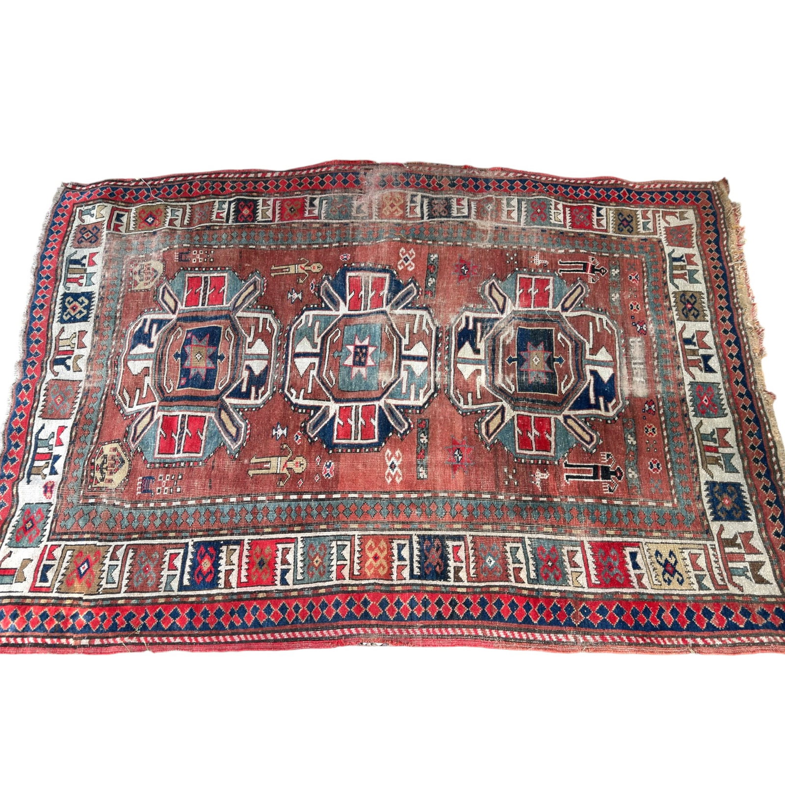 ANTIQUE CAUCASIAN KAZAK ORIENTAL AREA RUG: 7ft 3 inches x 5ft 3 inches