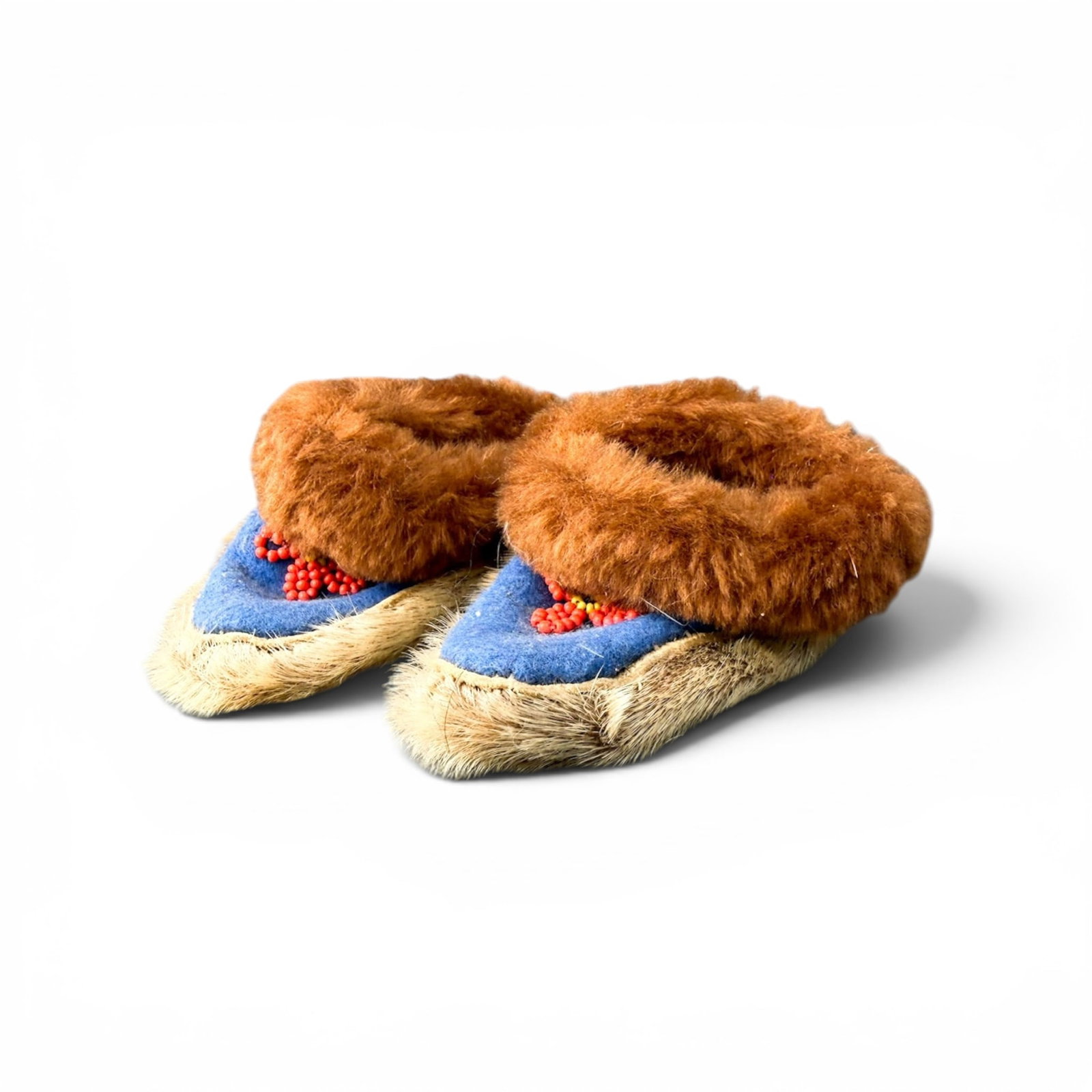 PAIR of NATIVE AMERICAN BEADED FUR INFANT MOCCASINS: inches
