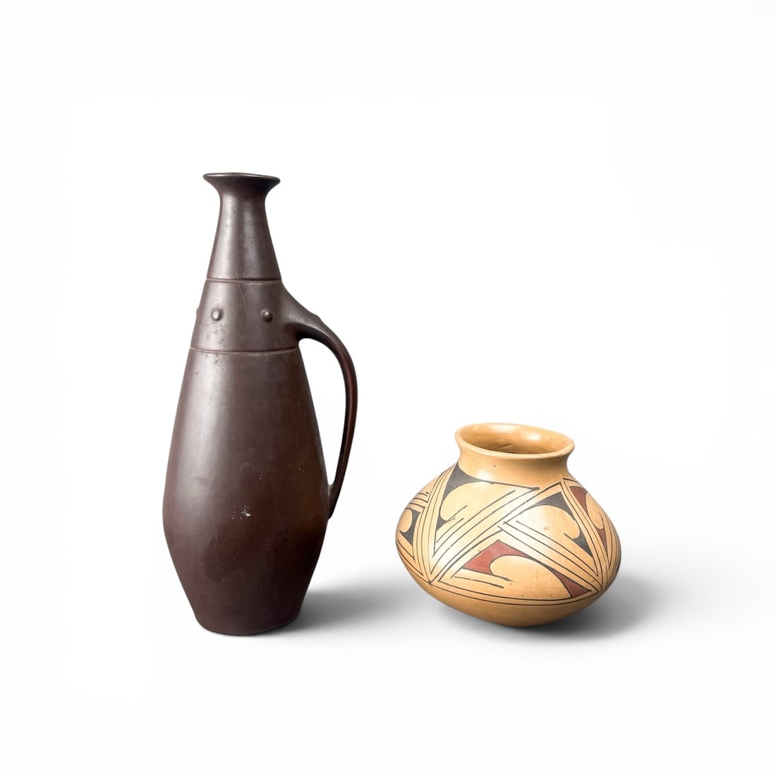 SCANDINAVIAN DECANTER & MATA ORTIZ STYLE POT: inches
