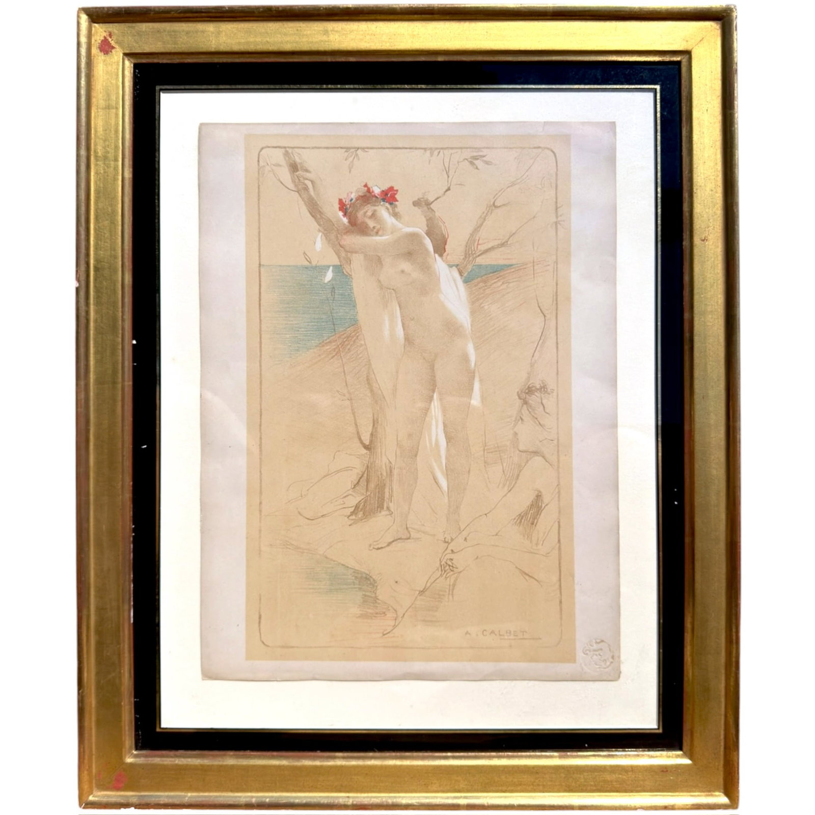 AFTER ANTOINE CALBET (1860-1942): The Unknown. Lithograph 12 x 16 inches. dry stamped used by the Paris Champenois printing house from 1897-1899. framed 18.75 x 22.75 inches