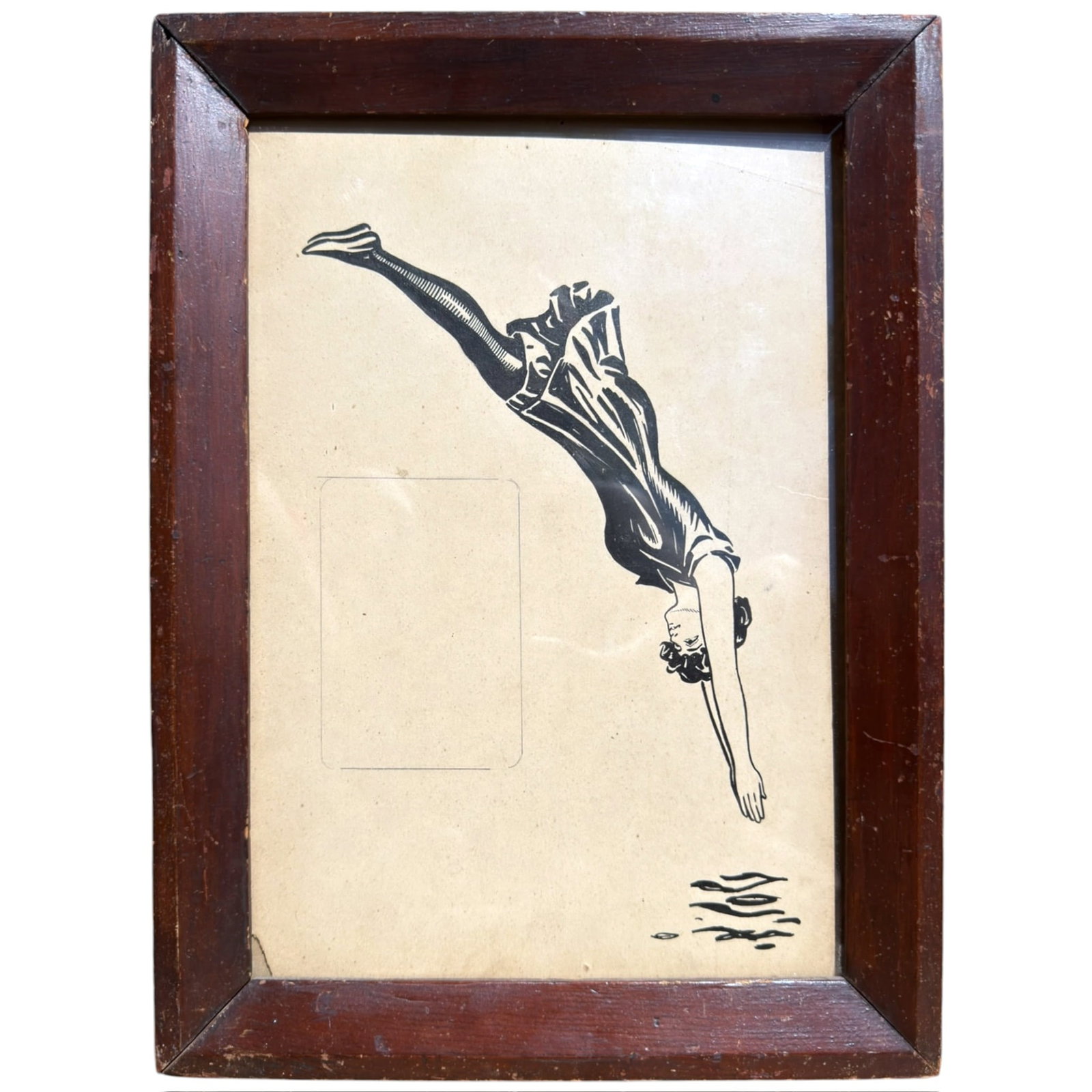 1920s BOOK ILLUSTRATION with DIVING FEMALE in WOOL SUIT: 9 x 13 inches framed 11.75 x 15.5 inches