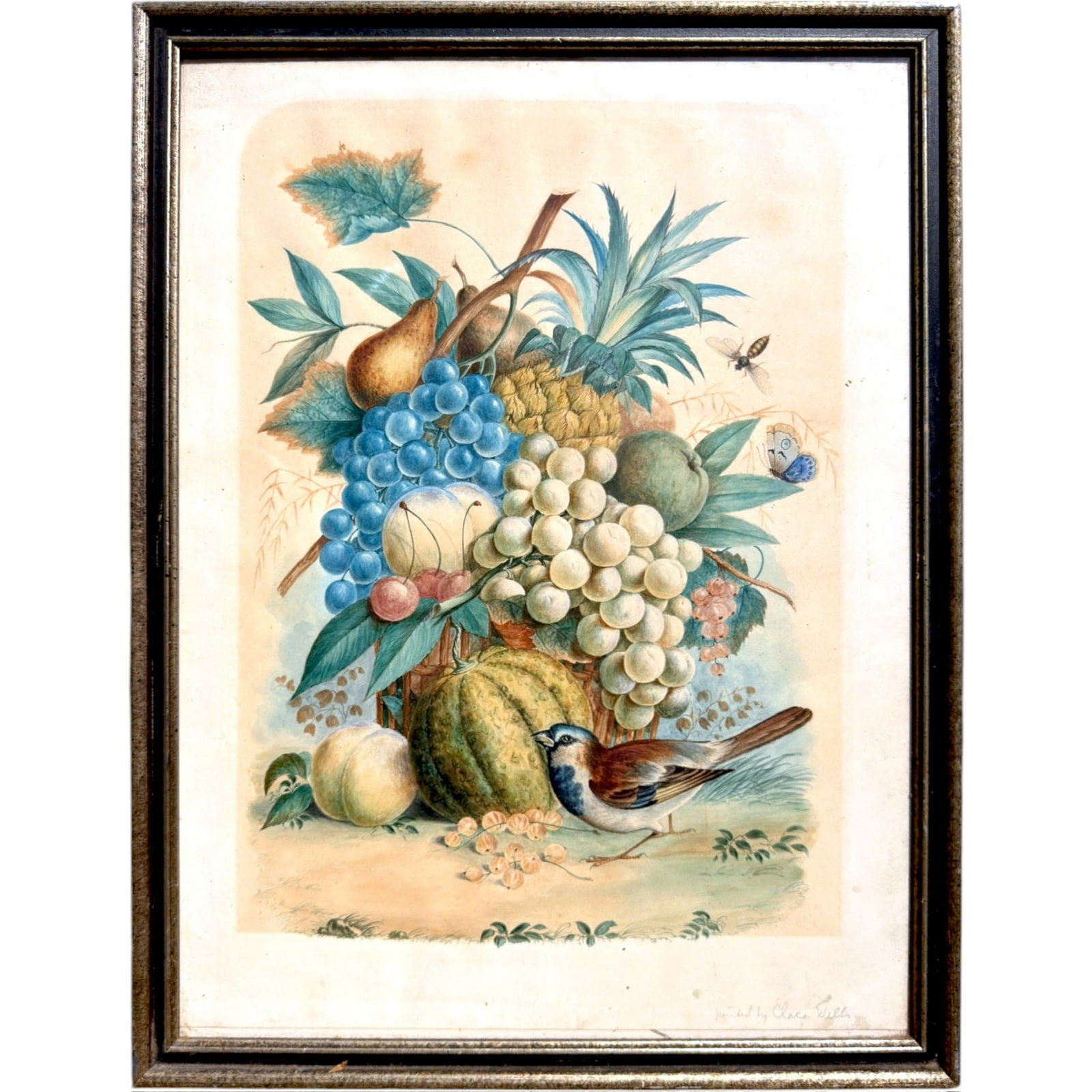 (19th c) AMERICAN SCHOOL: Still life with Fruit and Bird. Watercolor 18 x 14 inches framed 20 x 15.5 inches (overall)