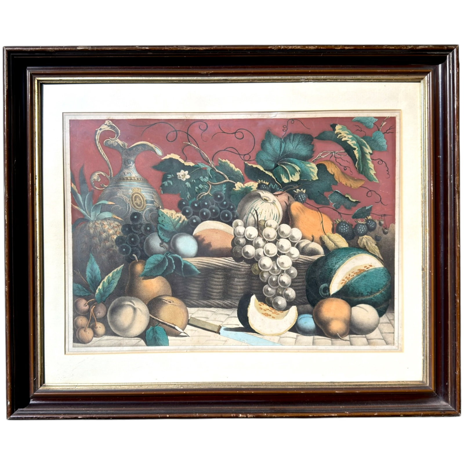 (19th c) CHROMOLITHGRAPH of a STILL LIFE with FRUIT: Matted. 5 x 26.25 inches framed 28.25 x 34.6 inches (overall)