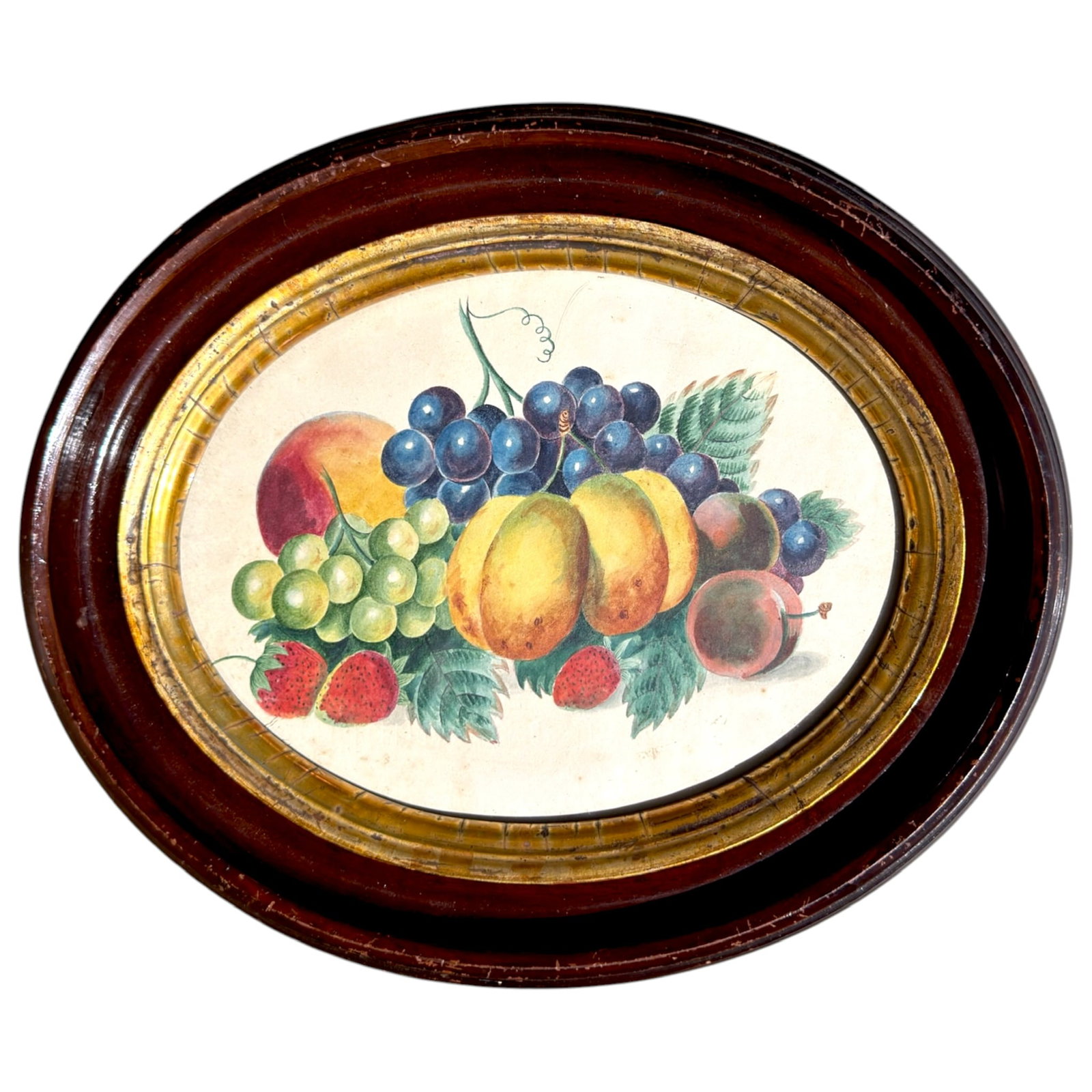 (19th c) AMERICAN SCHOOL - STILL LIFE of FRUIT: Watercolor 8 x 10 inches. presented in a gilt lined oval walnut frame. 11.5 x 13.5 inches (overall)
