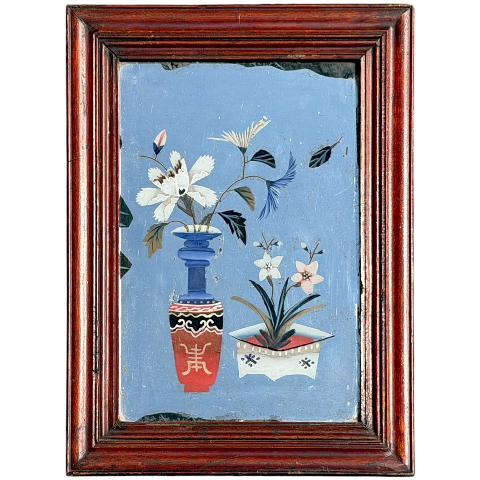(19th c) CHINESE EXPORT REVERSE PAINTED MIRROR: Depicting potted flowers and flowers in a vase. 12.5 x 8.5 inches. framed 16.25 x 12.25 inches (overall)