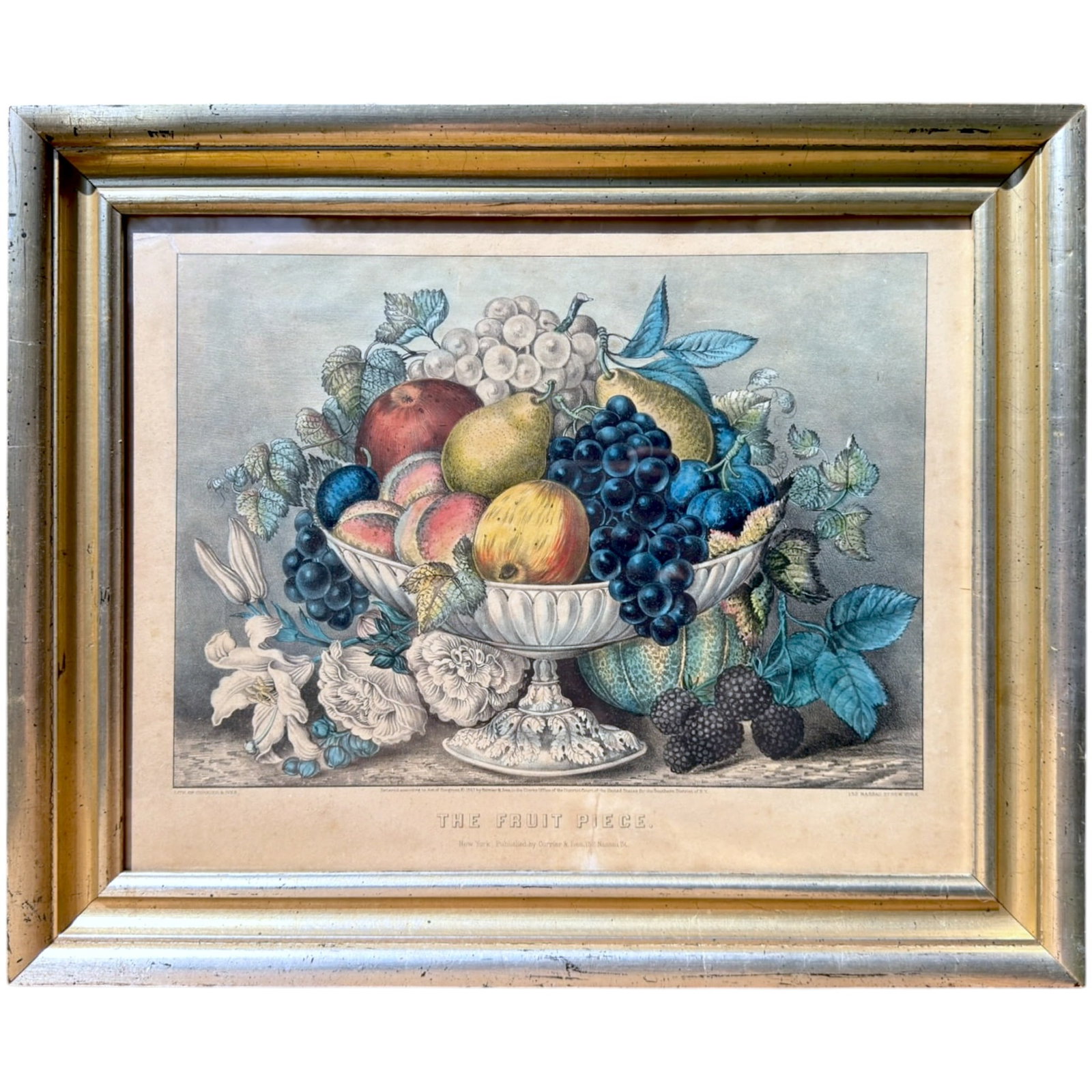 1867 CURRIER & IVES – THE FRUIT PIECE: Lithograph. 13.25 x 17.25 inches. framed 17.25 x 21.25 inches (overall)