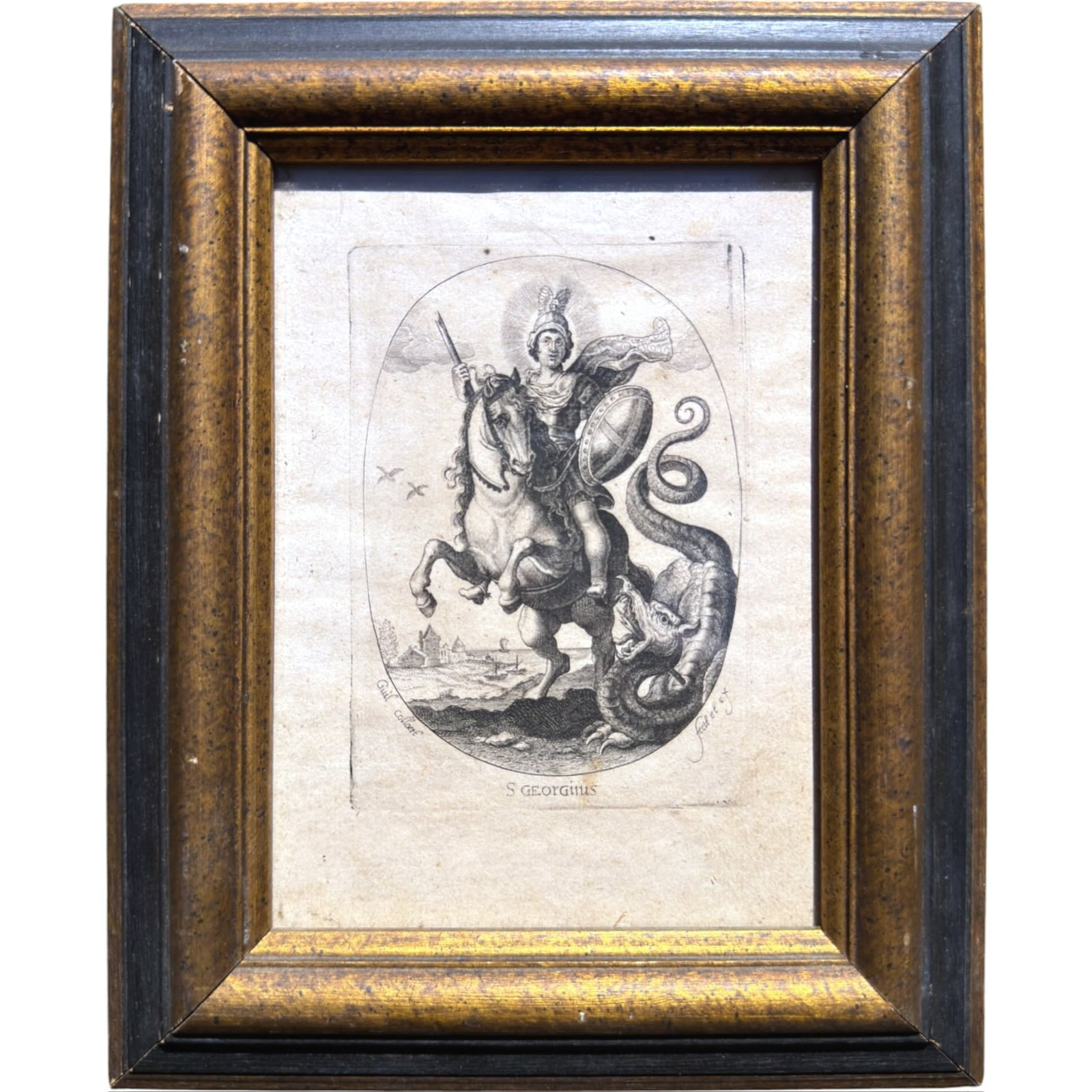 ST GEORGE and the DRAGON AFTER ADRIAEN COLLAERT: (19th c) Etching 6.25 x 4.5 inches framed 9.25 x 7.5 inches (overall)