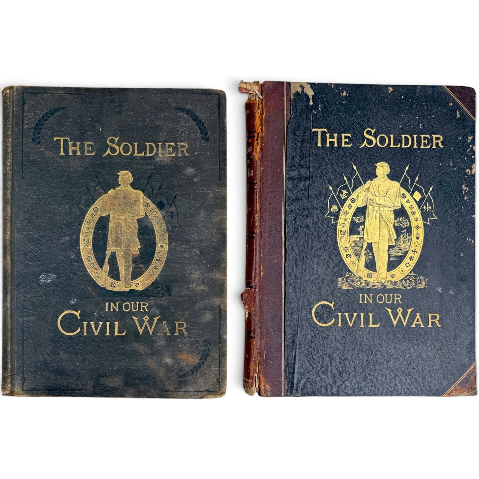 THE SOLDIER in OUR CIVIL WAR VOL I and II: Vol 1 1884 New York, J.H. Brown Publishing Co. Vol II 1890 New York, Stanley Bradley Publishing Co. hardcover clothbound and hardcover half leather bound. 16.6 x 12.25 x 1.5 inches.