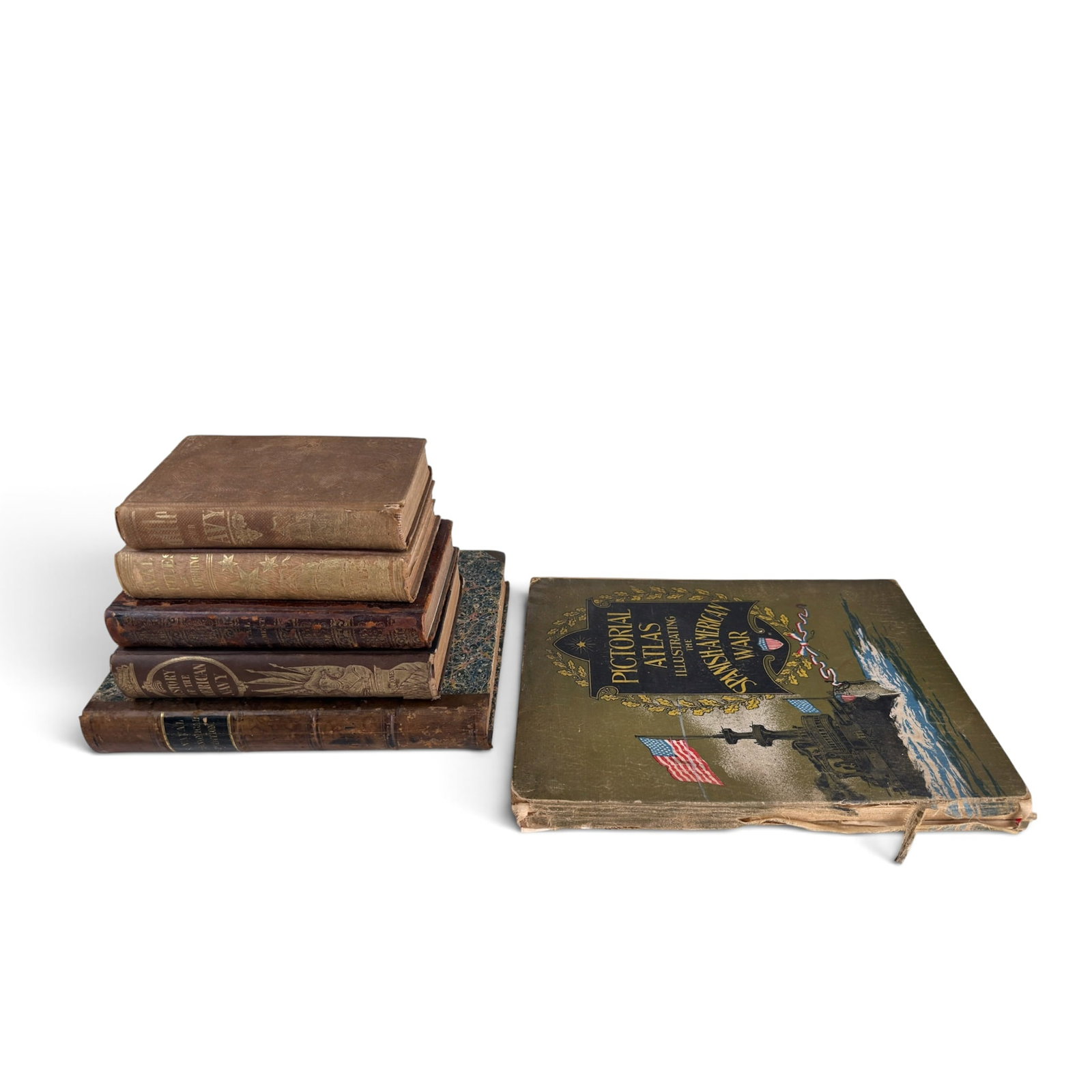 PICTORIAL ATLAS ILLUSTRATING the SPANISH-AMERICAN WAR: Together with (5) addtional books recounting American Naval History. Including: 1857 and 1859 Naval Battles of the United States in the Different Wars with Foreign Nations. 1838 The Naval Monument Bos