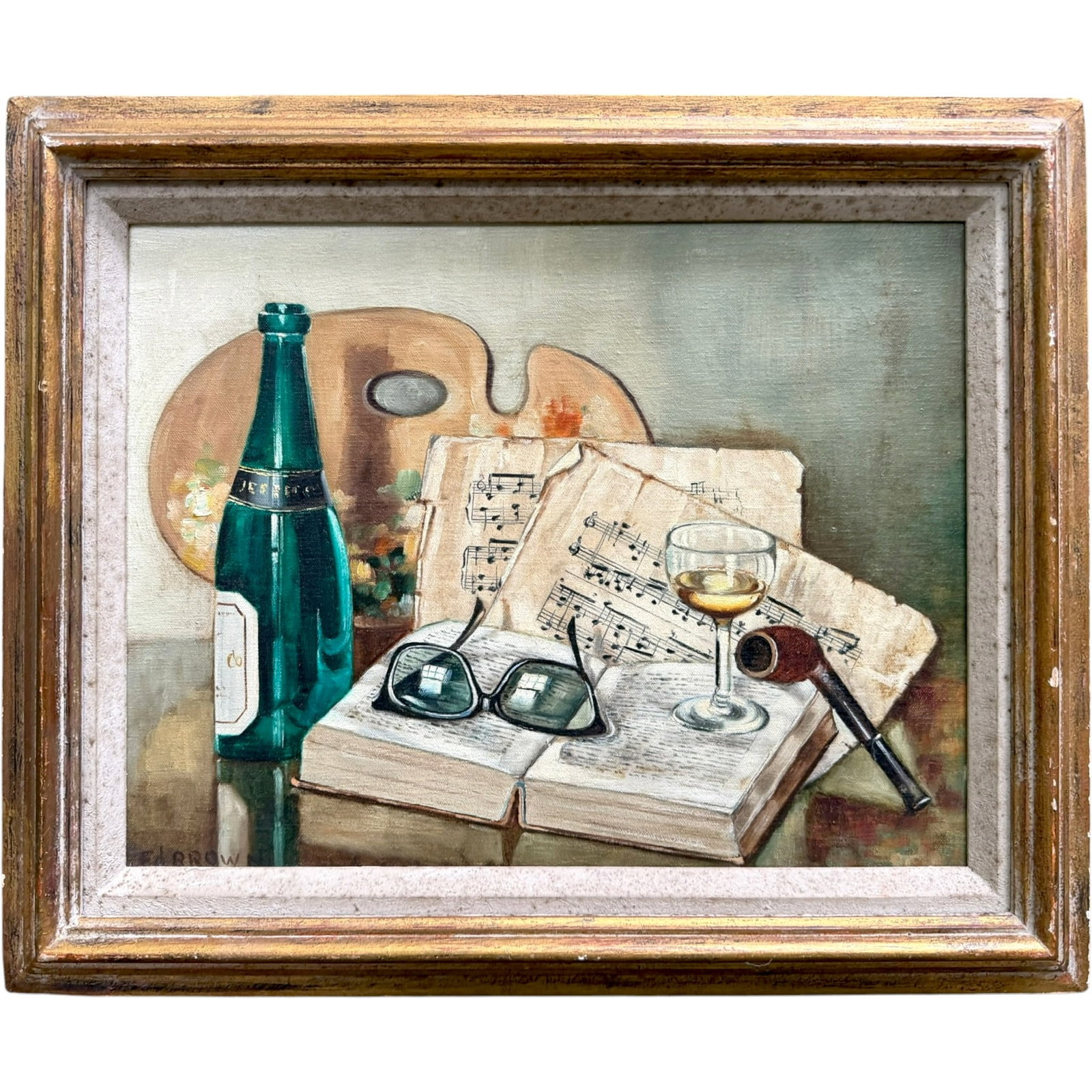 AMERICAN SCHOOL (Mid-20th Century Modern): Still Life with Art, Music and Wine. Oil on canvas 14 x 18 inches (without frame)