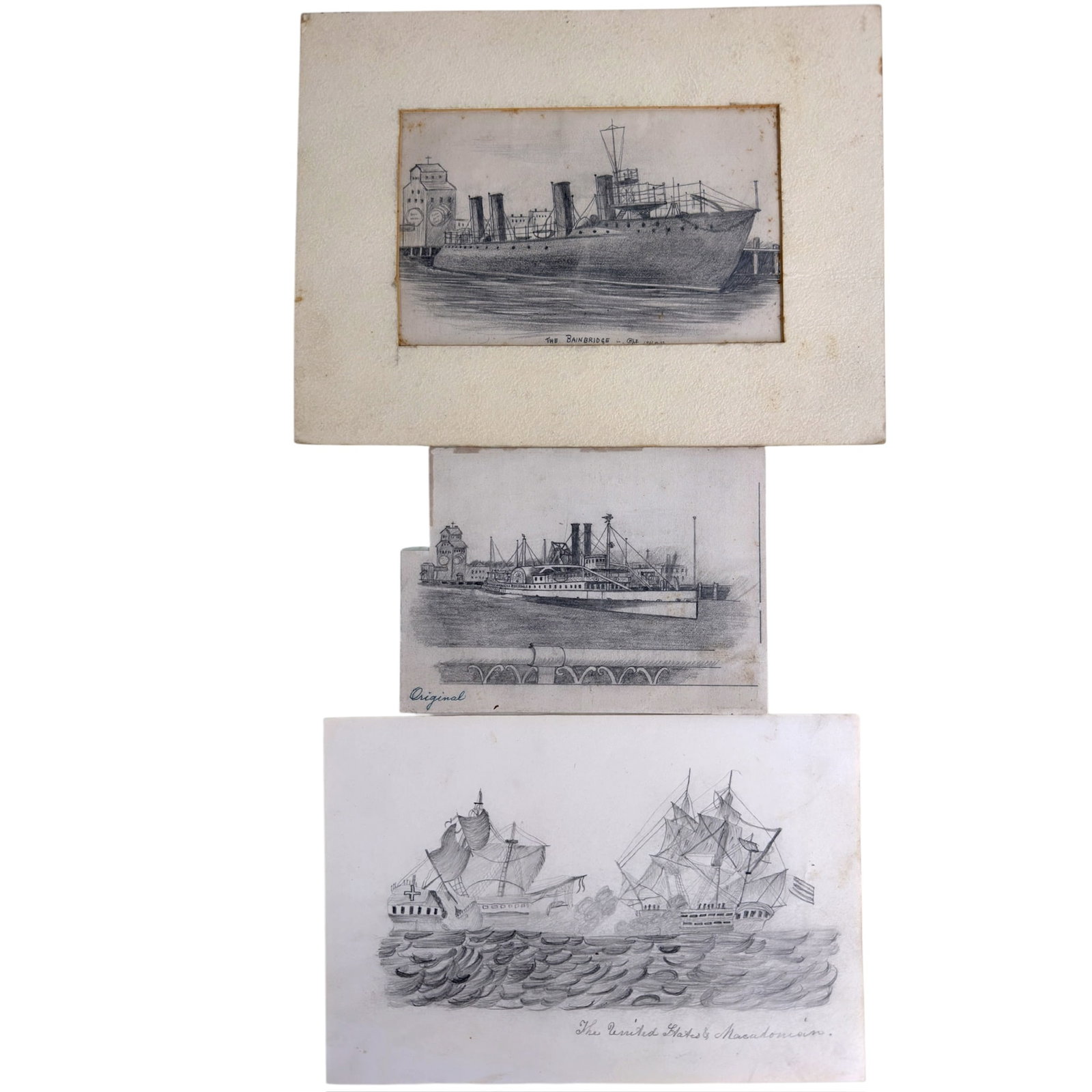 (3) ORIGINAL GRAPHITE DRAWINGS of NAVAL VESSELS (1 of 7)