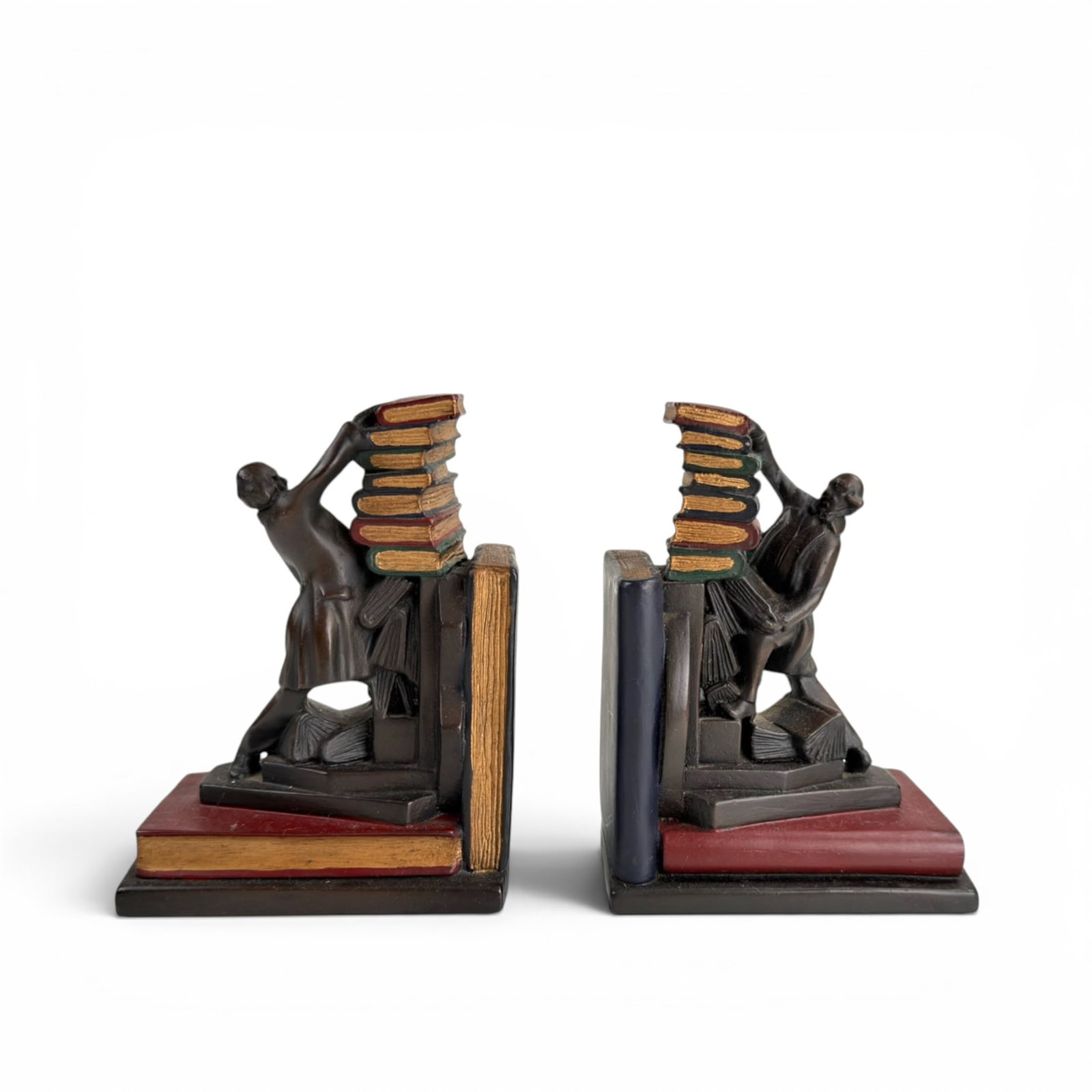 PAIR of 1930s STRUGGLING LIBRARIAN BOOKENDS: Kronheim & Oldenbusch Metal Novelties Co. 8.5 x 6 inches.