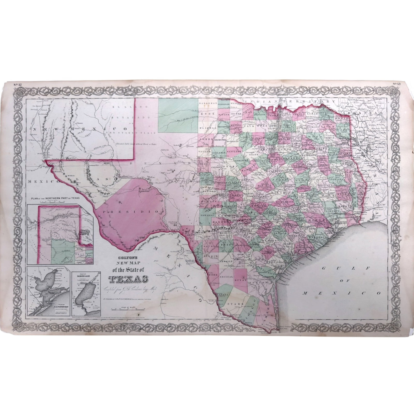 1856 COLTON'S NEW MAP of the STATE of TEXAS: Together with census, geographic and industrial aspects of the state at that time verso. Published by G.W. And C.B. Colton & Co. New York. Pp 52 and 53 Gulf of Mexico