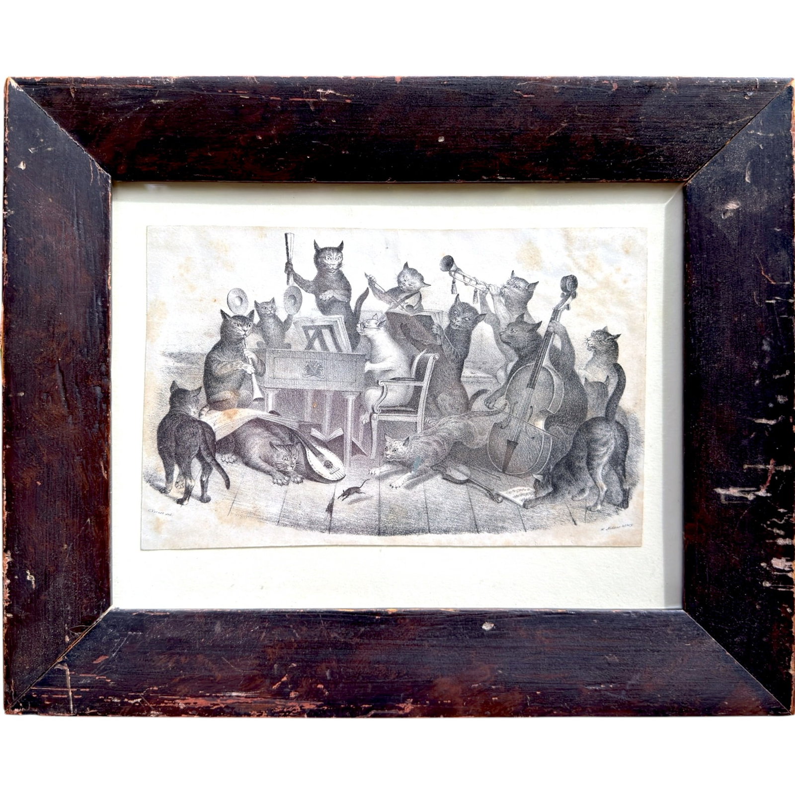 (19th c) MUSICAL MOUSERS: (19th c) by C. Aldous after a design by Carle Vernet, Lithograph. 6 5x 9.30 x 9.25 inches. image. 12 x 15 inches (overall)