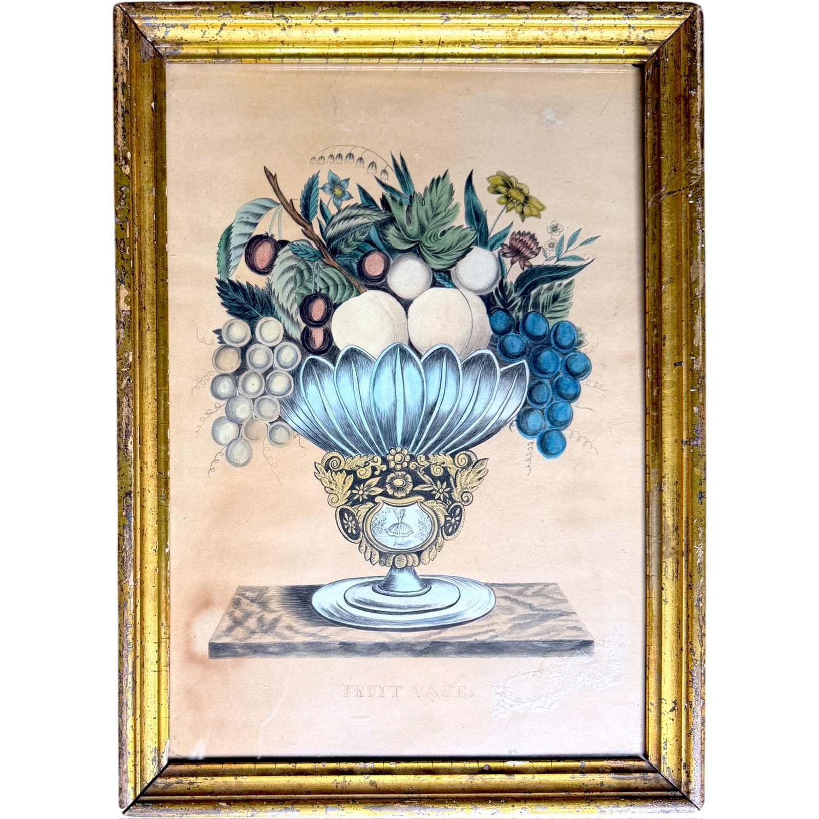 (19TH c.) Framed GOUACHE AND GRAPHITE "FRUIT VASE": 16 3/8" h, 12" w